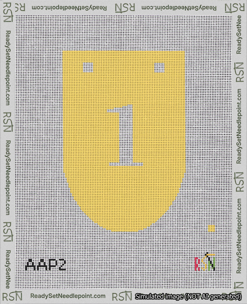 A taped needlepoint canvas with the design: Banner 18 mesh count Rounded 1 White on Yellow.