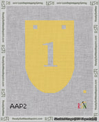 A taped needlepoint canvas with the design: Banner 18 mesh count Rounded 1 White on Yellow.