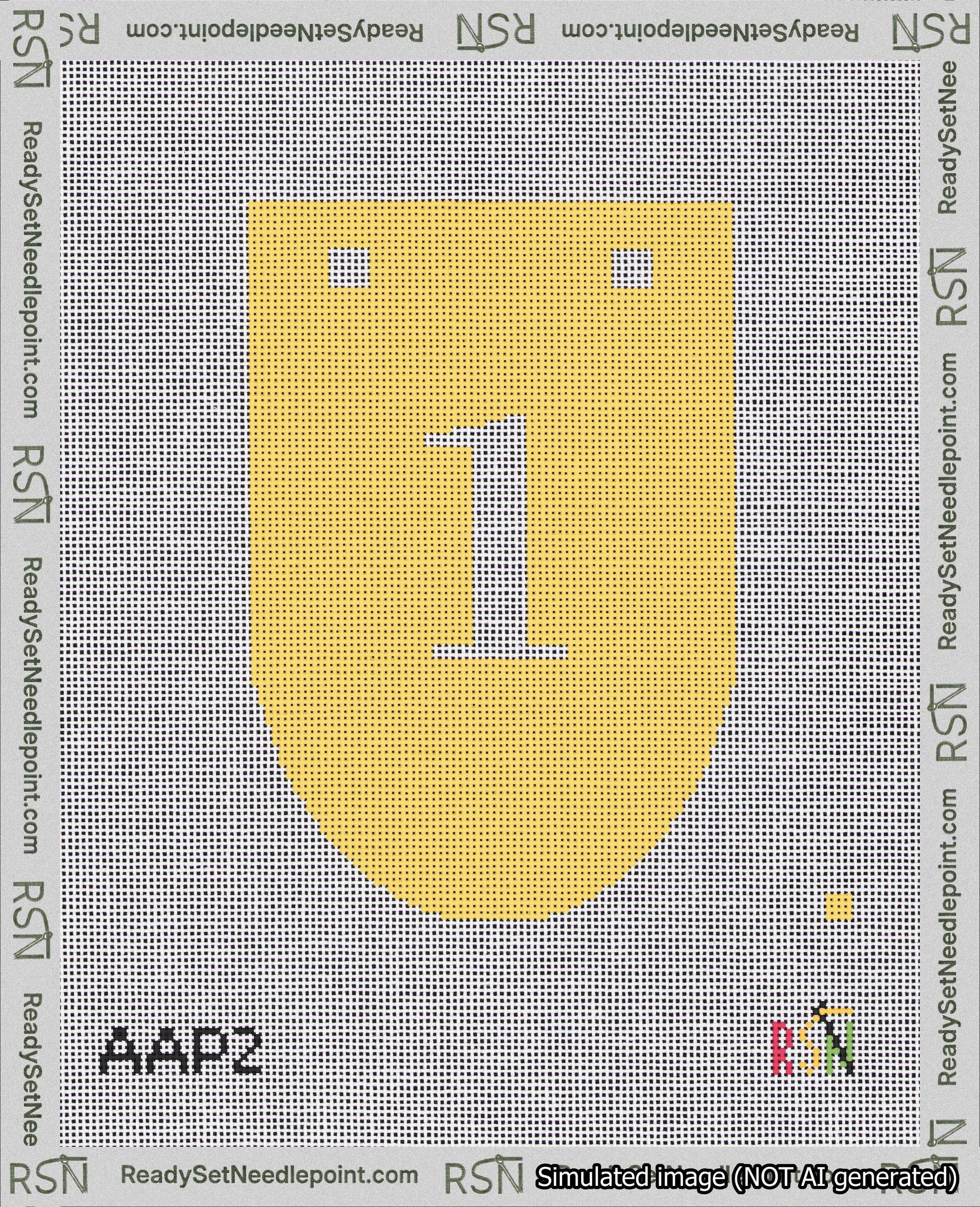 A taped needlepoint canvas with the design: Banner 18 mesh count Rounded 1 White on Yellow.