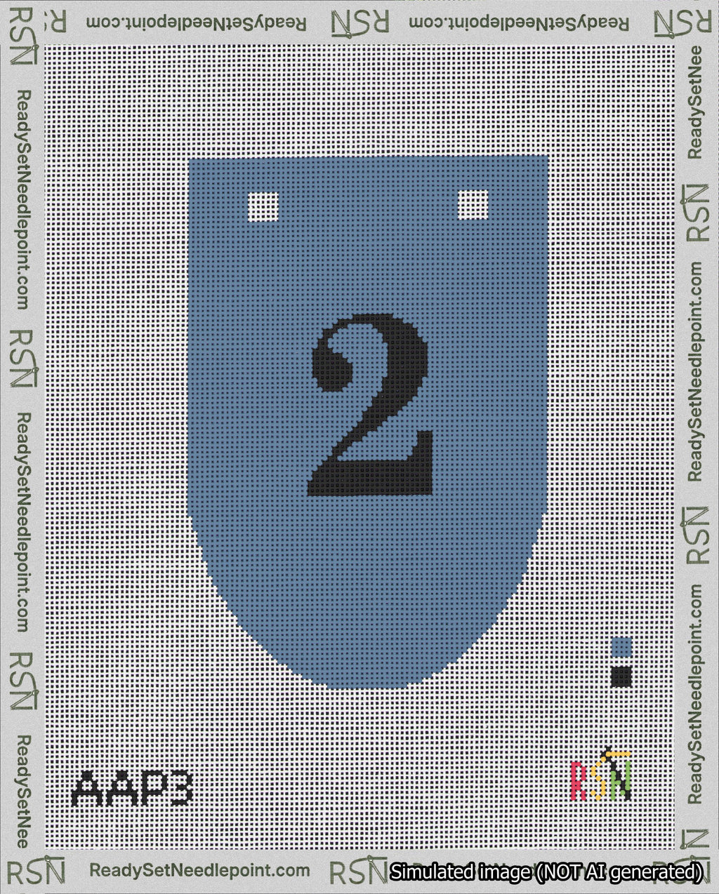 A taped needlepoint canvas with the design: Banner 18 mesh count Rounded 2 Black on Blue.