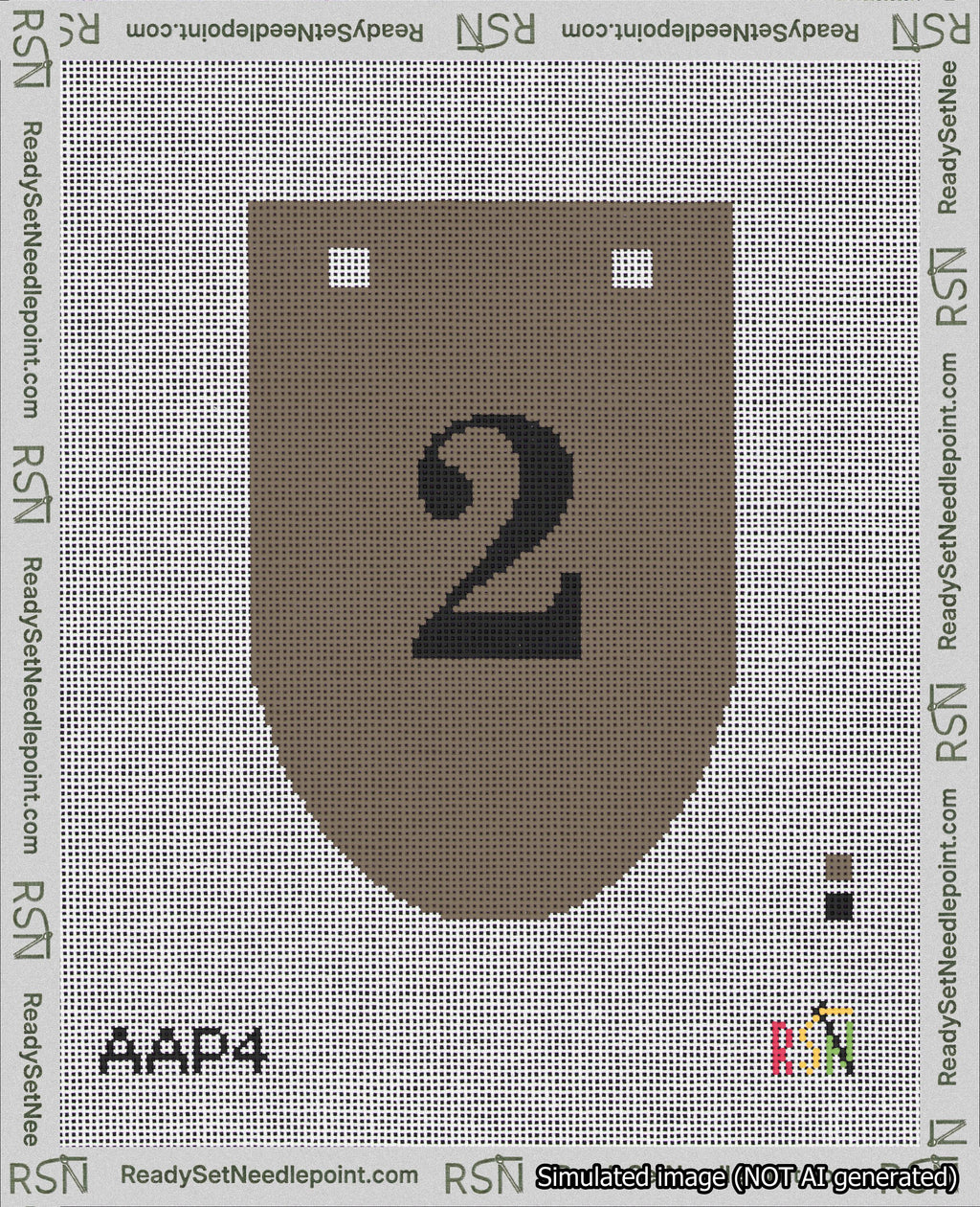 A taped needlepoint canvas with the design: Banner 18 mesh count Rounded 2 Black on Brown.