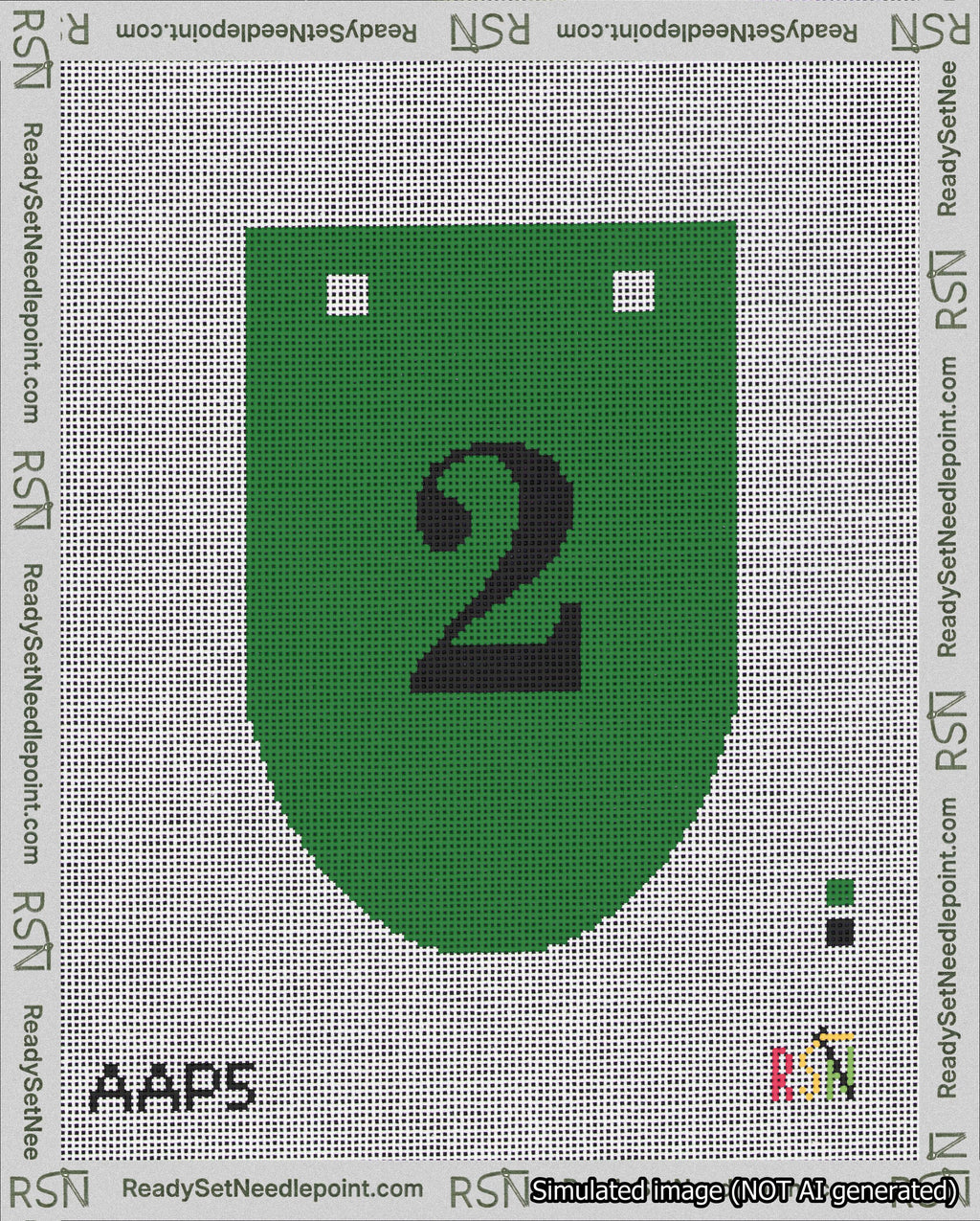 A taped needlepoint canvas with the design: Banner 18 mesh count Rounded 2 Black on Green.