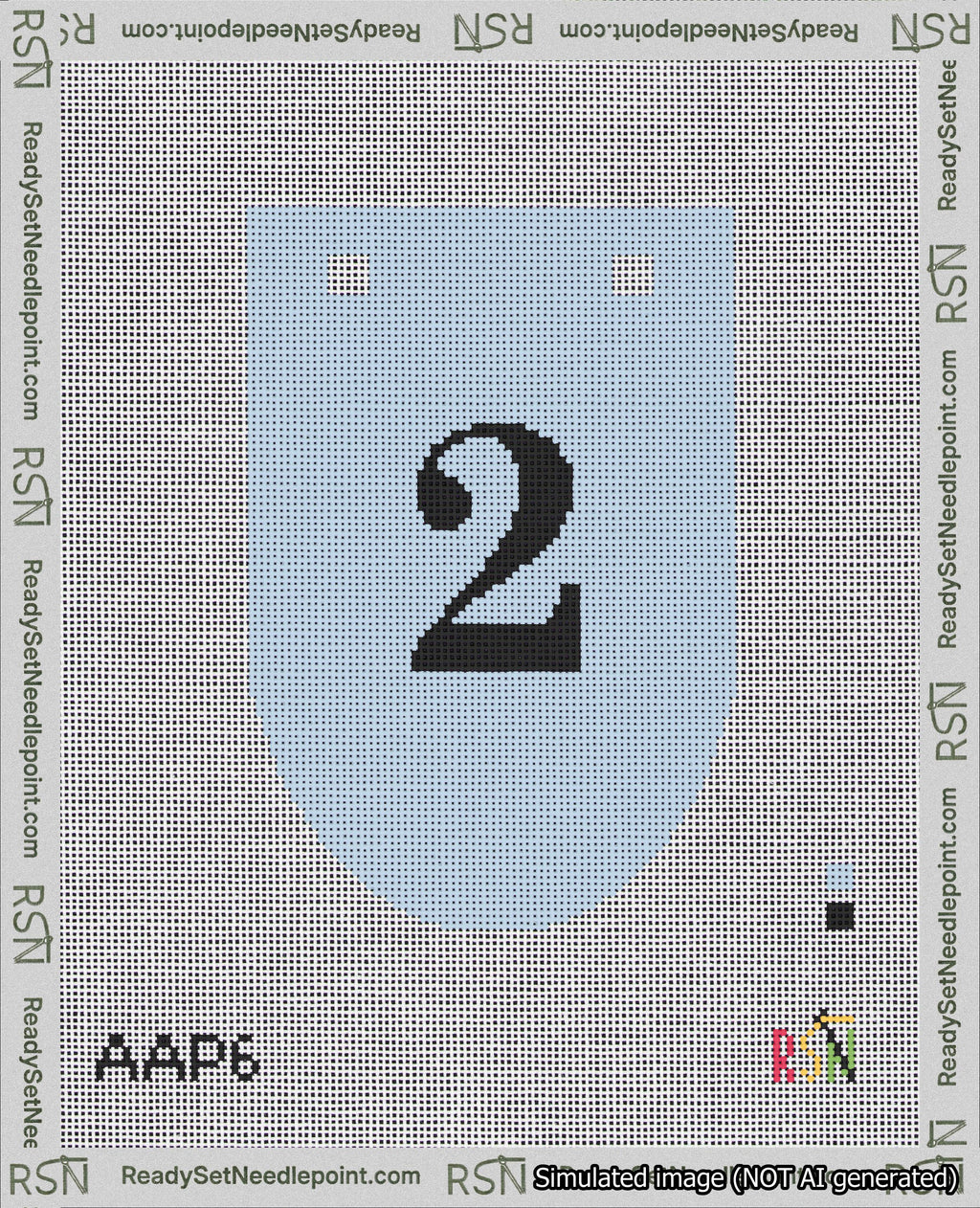 A taped needlepoint canvas with the design: Banner 18 mesh count Rounded 2 Black on Light Blue.