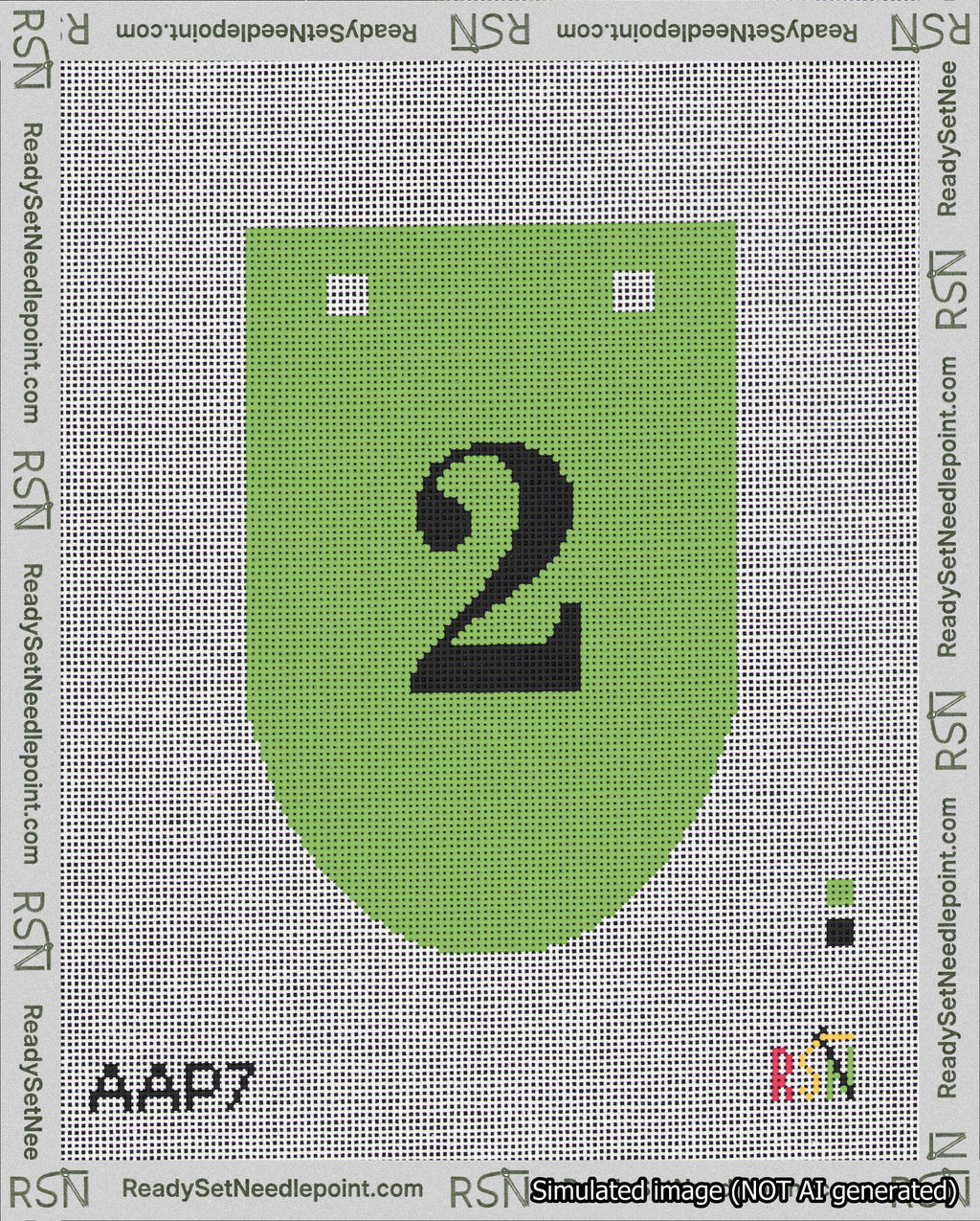 A taped needlepoint canvas with the design: Banner 18 mesh count Rounded 2 Black on Light Green.