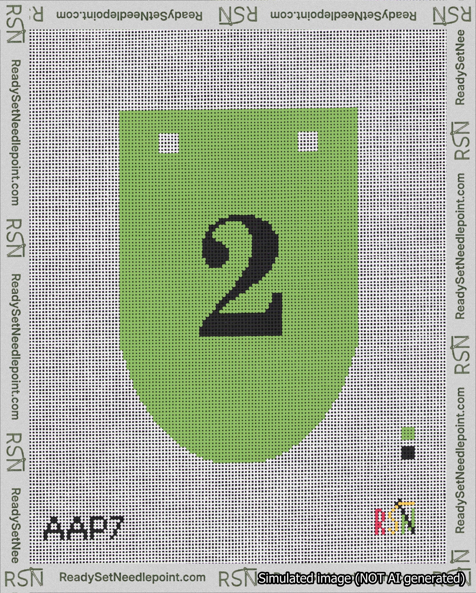 A taped needlepoint canvas with the design: Banner 18 mesh count Rounded 2 Black on Light Green.