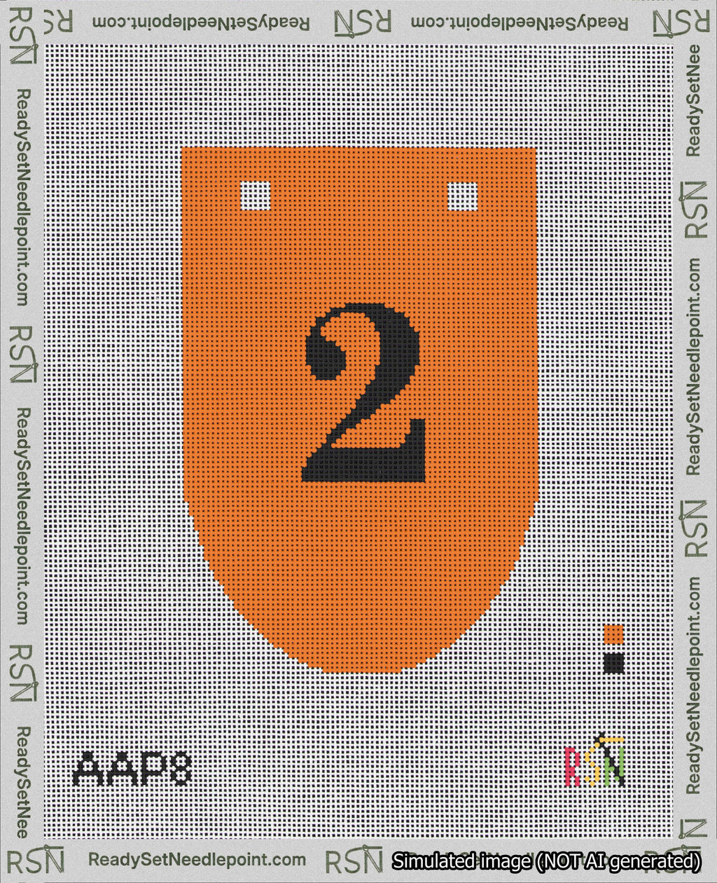 A taped needlepoint canvas with the design: Banner 18 mesh count Rounded 2 Black on Orange.