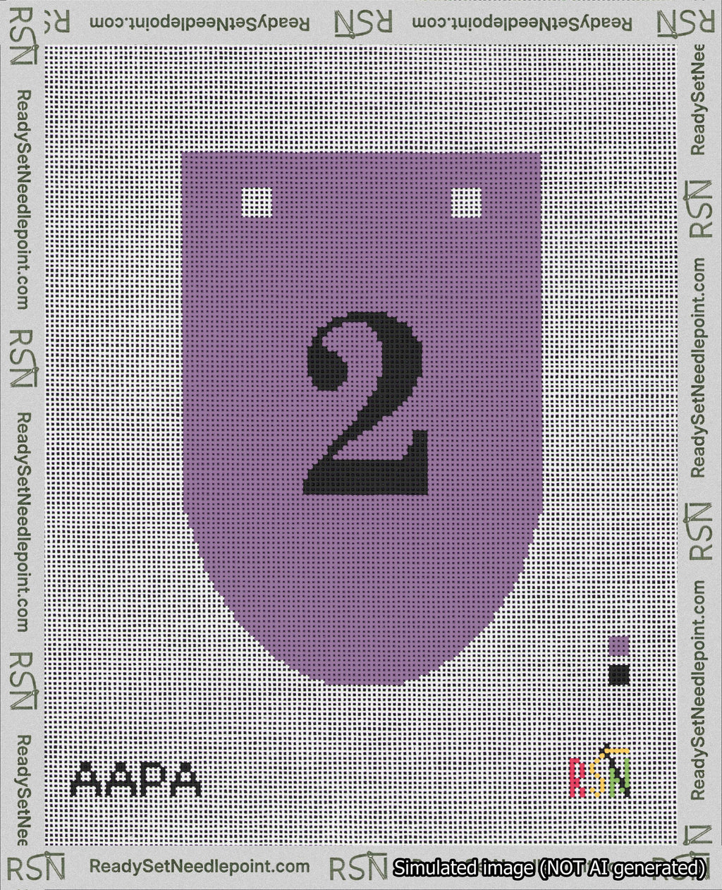 A taped needlepoint canvas with the design: Banner 18 mesh count Rounded 2 Black on Purple.