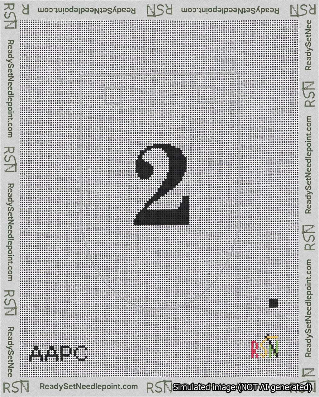 A taped needlepoint canvas with the design: Banner 18 mesh count Rounded 2 Black on White.