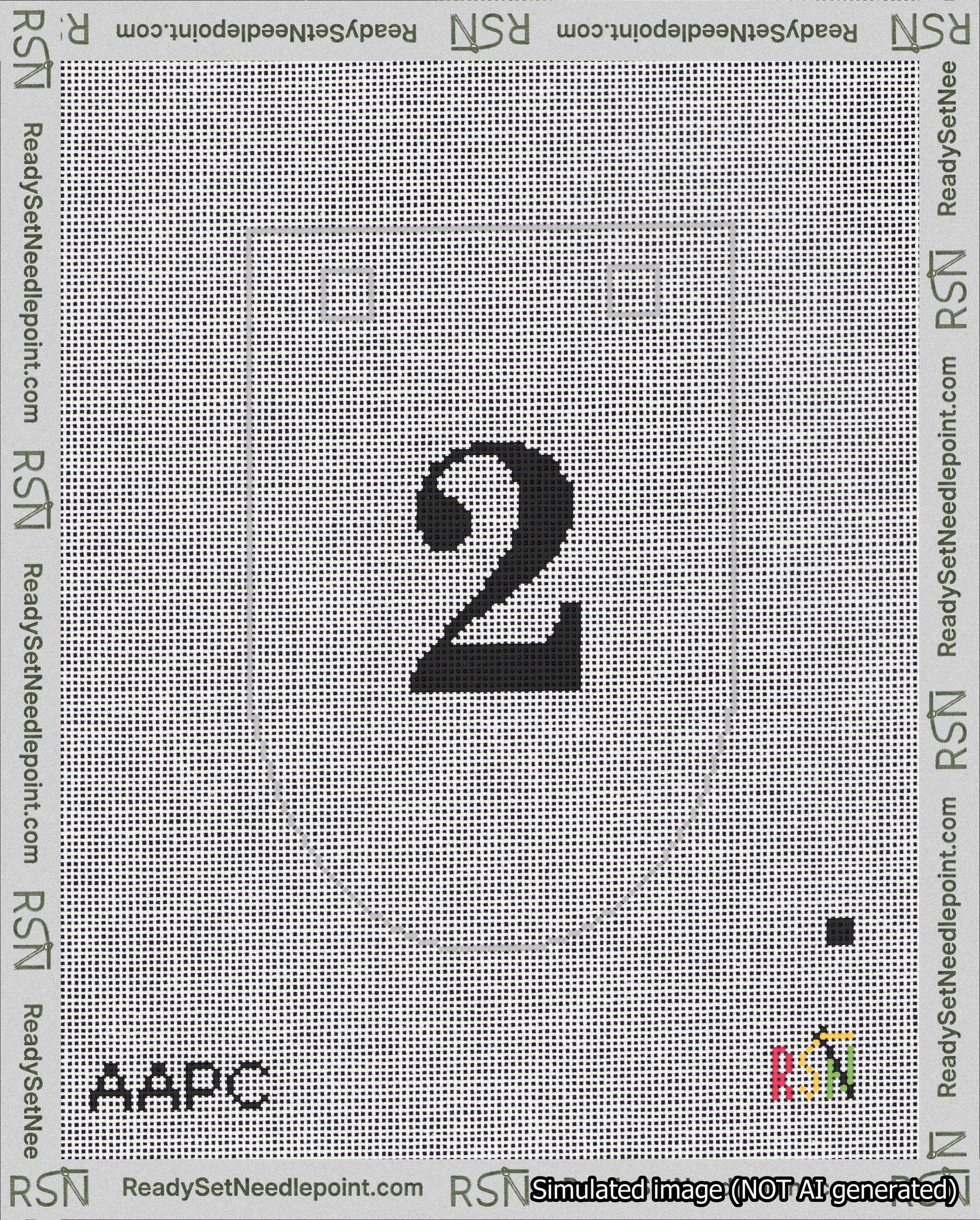 A taped needlepoint canvas with the design: Banner 18 mesh count Rounded 2 Black on White.