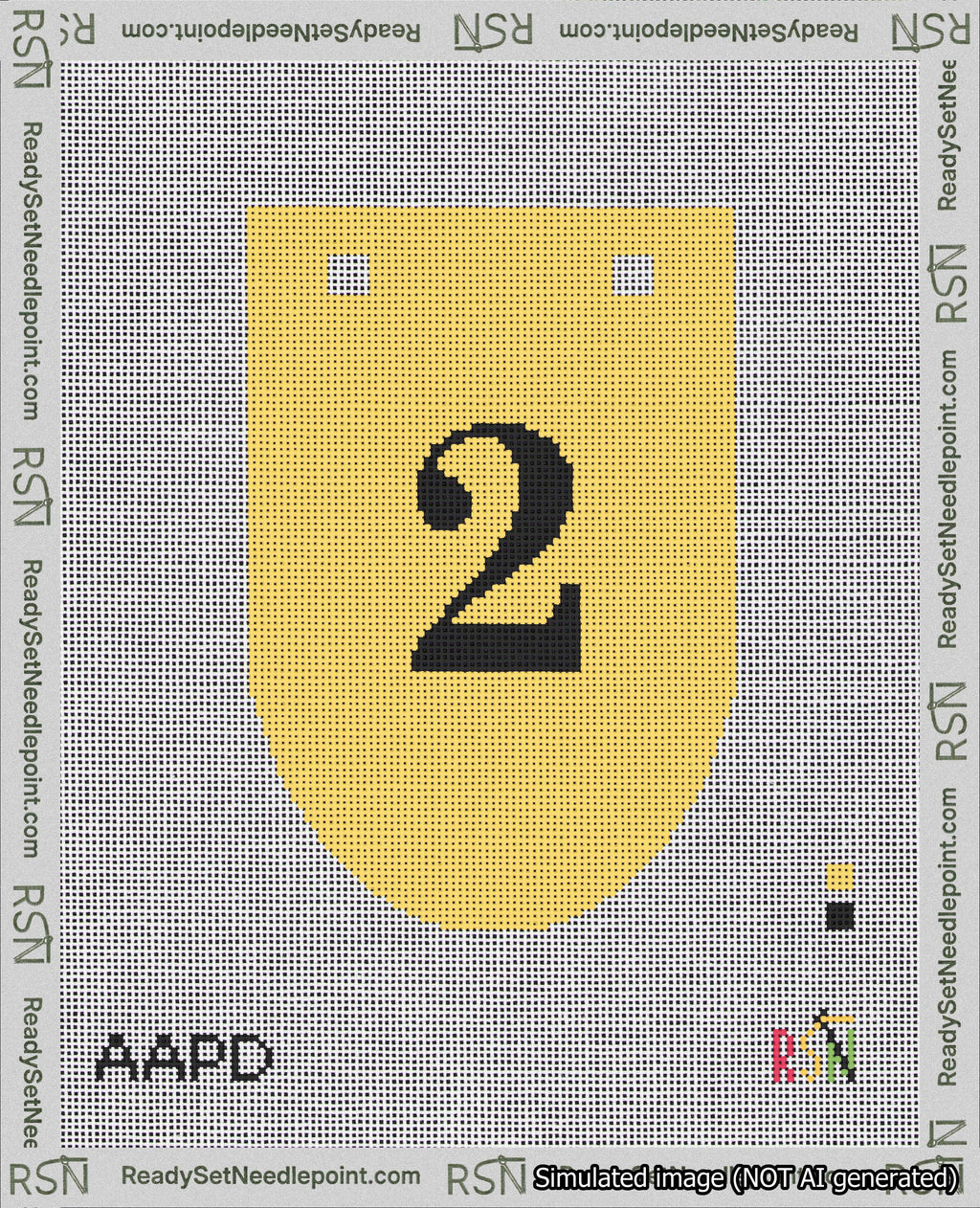 A taped needlepoint canvas with the design: Banner 18 mesh count Rounded 2 Black on Yellow.