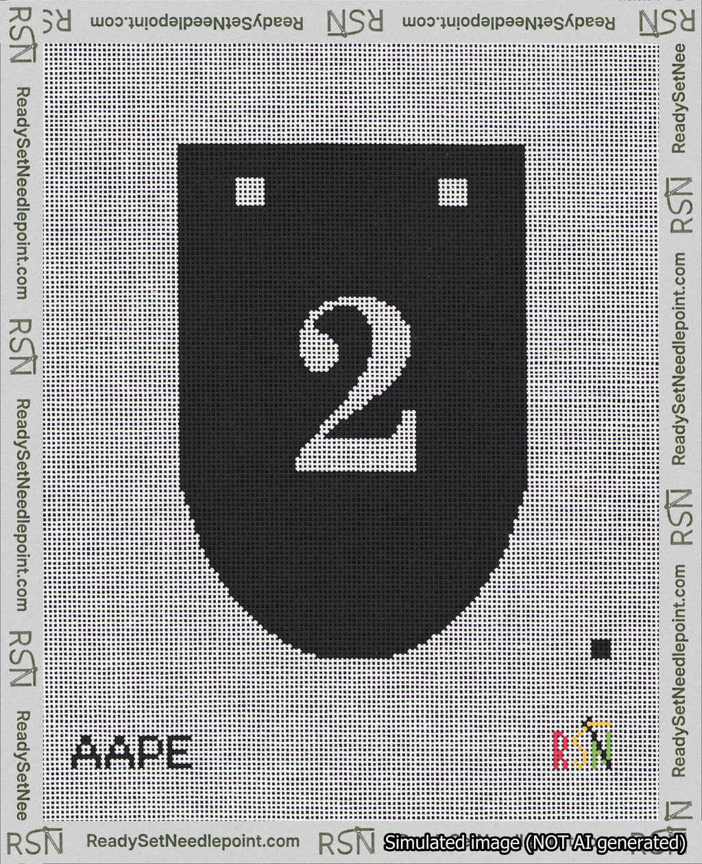 A taped needlepoint canvas with the design: Banner 18 mesh count Rounded 2 White on Black.