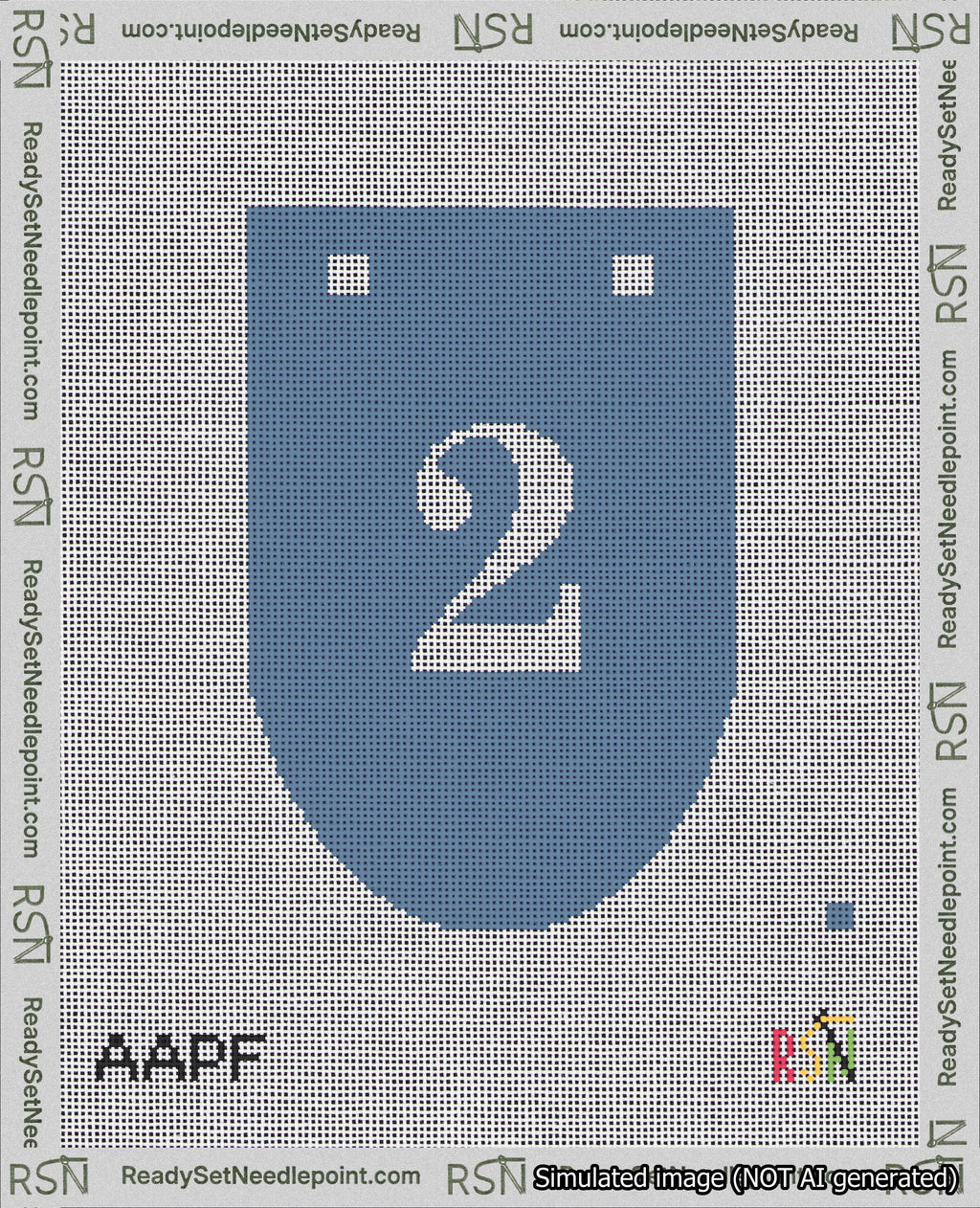 A taped needlepoint canvas with the design: Banner 18 mesh count Rounded 2 White on Blue.