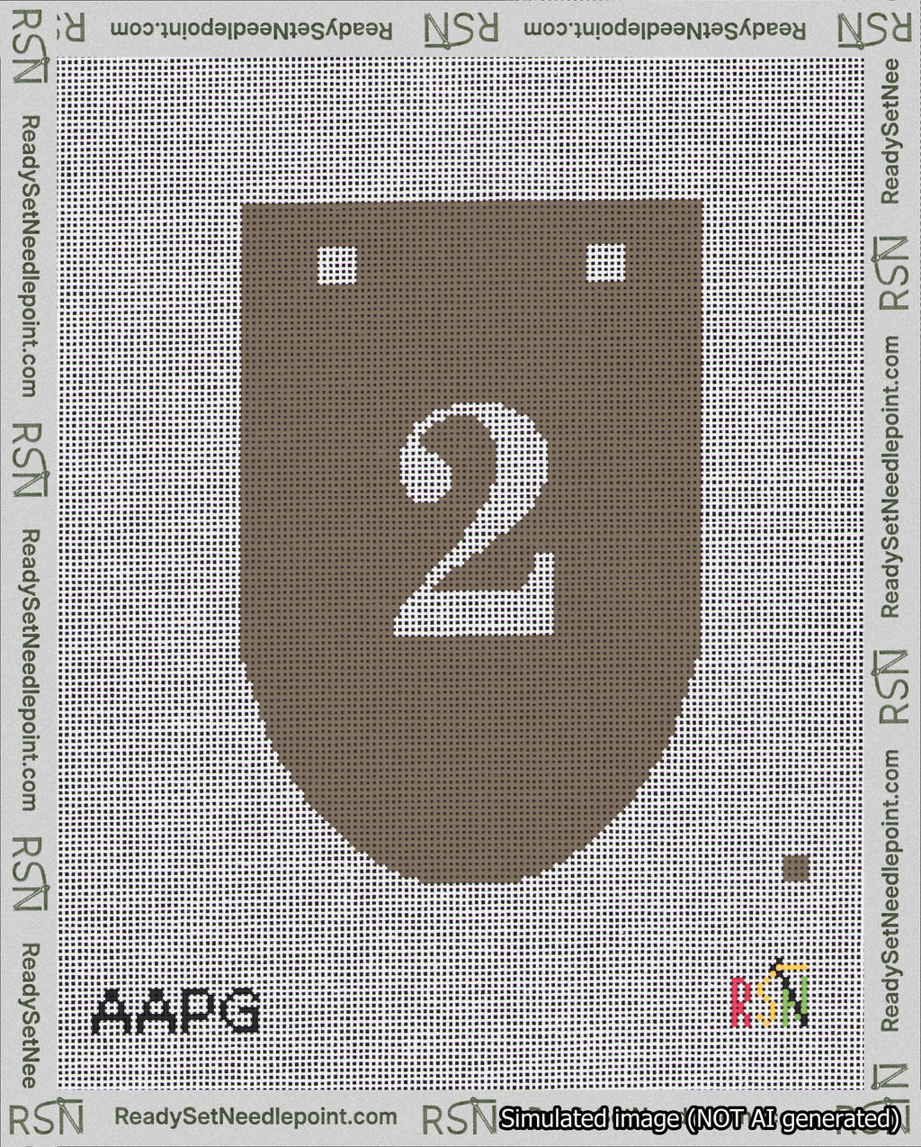 A taped needlepoint canvas with the design: Banner 18 mesh count Rounded 2 White on Brown.