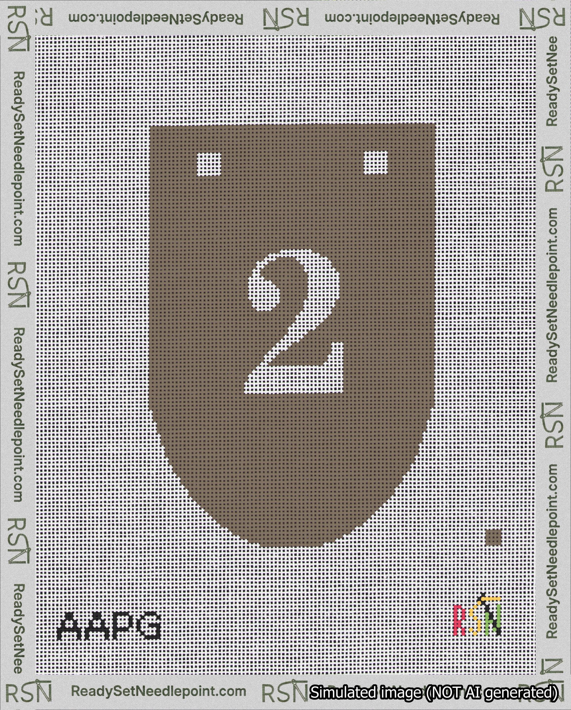 A taped needlepoint canvas with the design: Banner 18 mesh count Rounded 2 White on Brown.