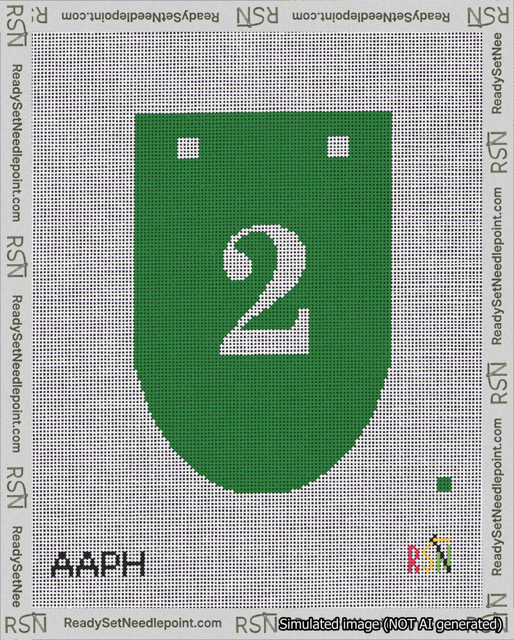 A taped needlepoint canvas with the design: Banner 18 mesh count Rounded 2 White on Green.