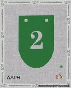 A taped needlepoint canvas with the design: Banner 18 mesh count Rounded 2 White on Green.
