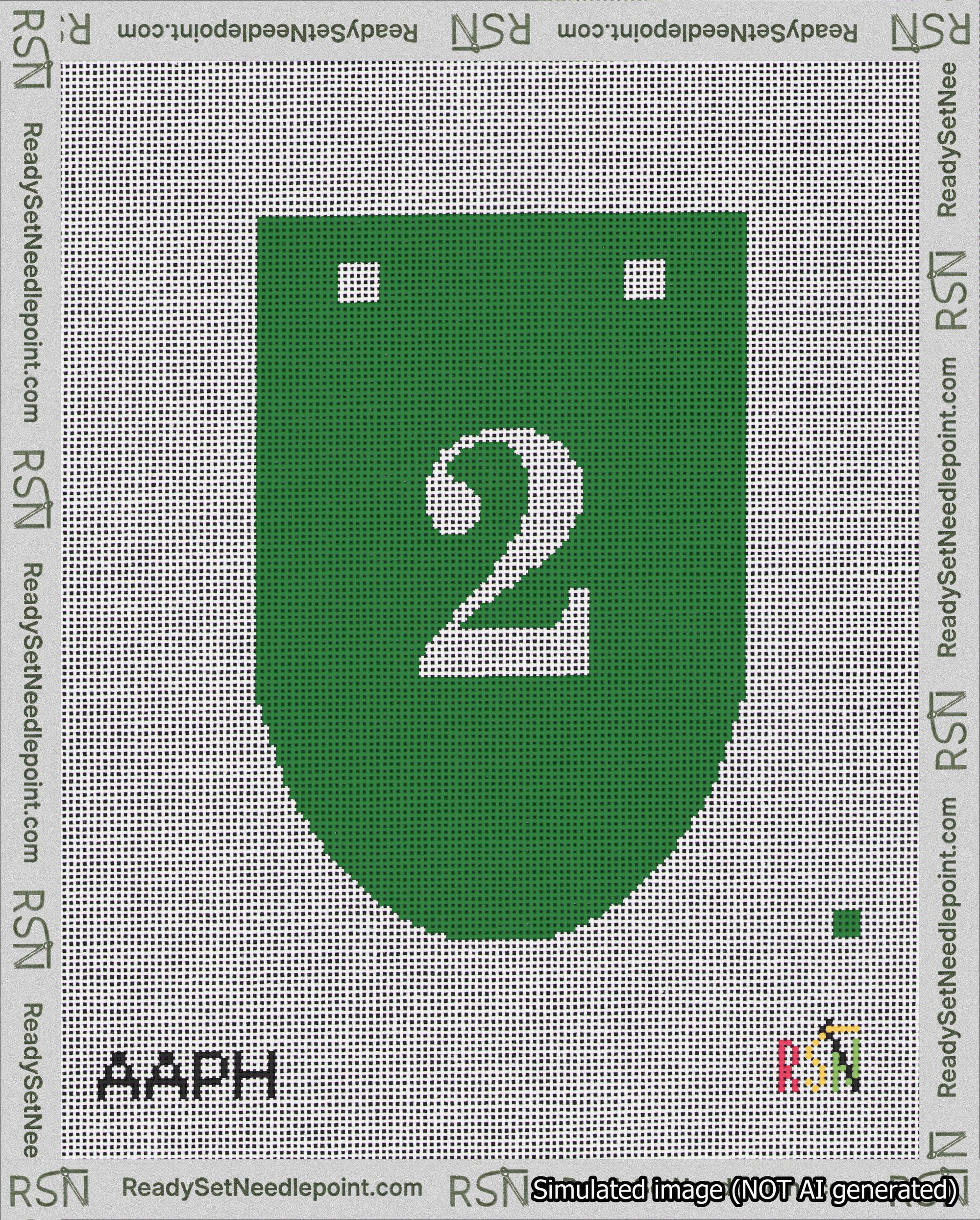 A taped needlepoint canvas with the design: Banner 18 mesh count Rounded 2 White on Green.