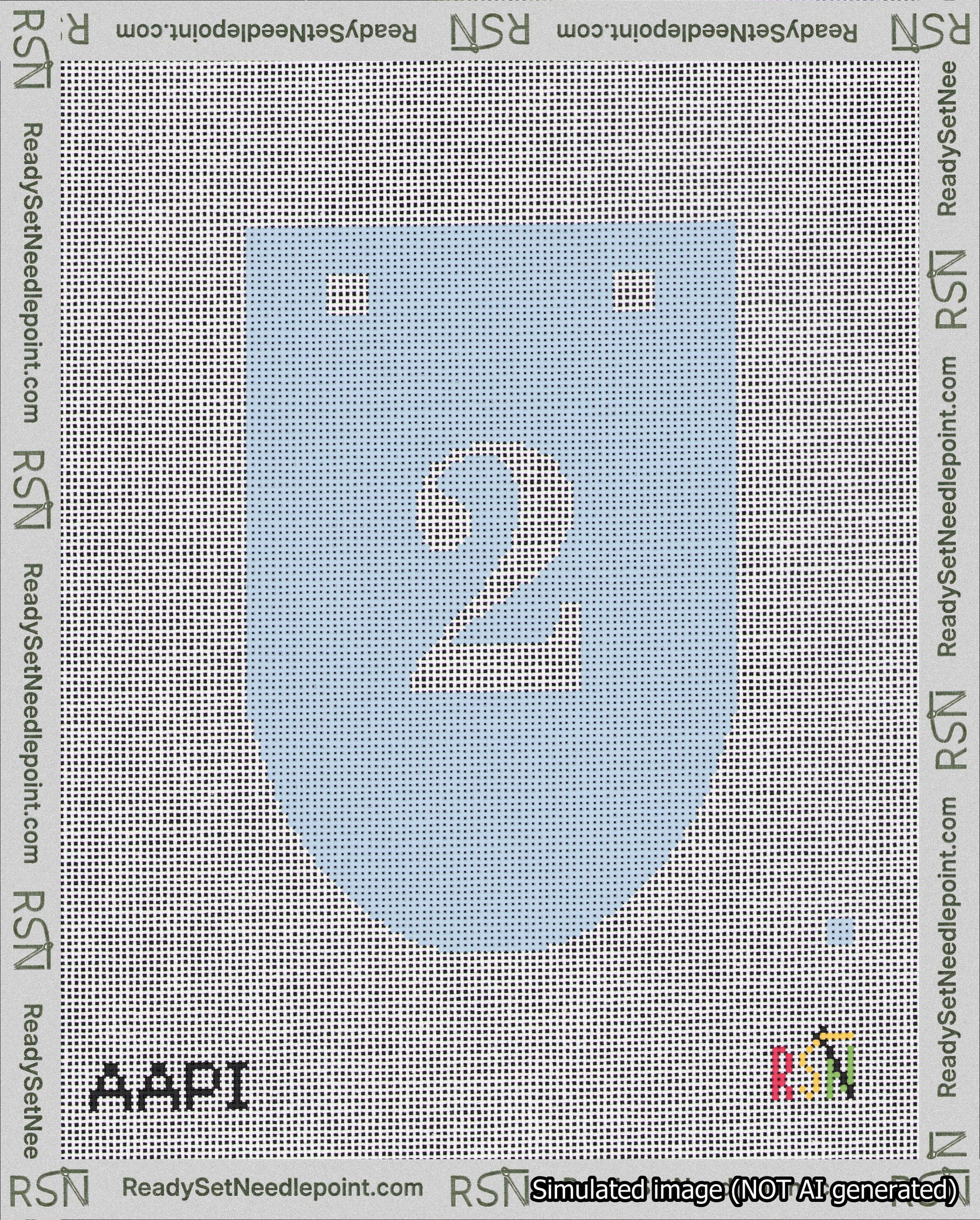 A taped needlepoint canvas with the design: Banner 18 mesh count Rounded 2 White on Light Blue.