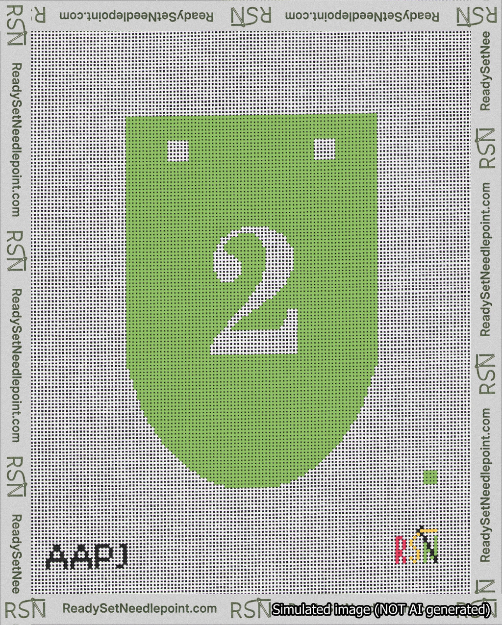 A taped needlepoint canvas with the design: Banner 18 mesh count Rounded 2 White on Light Green.