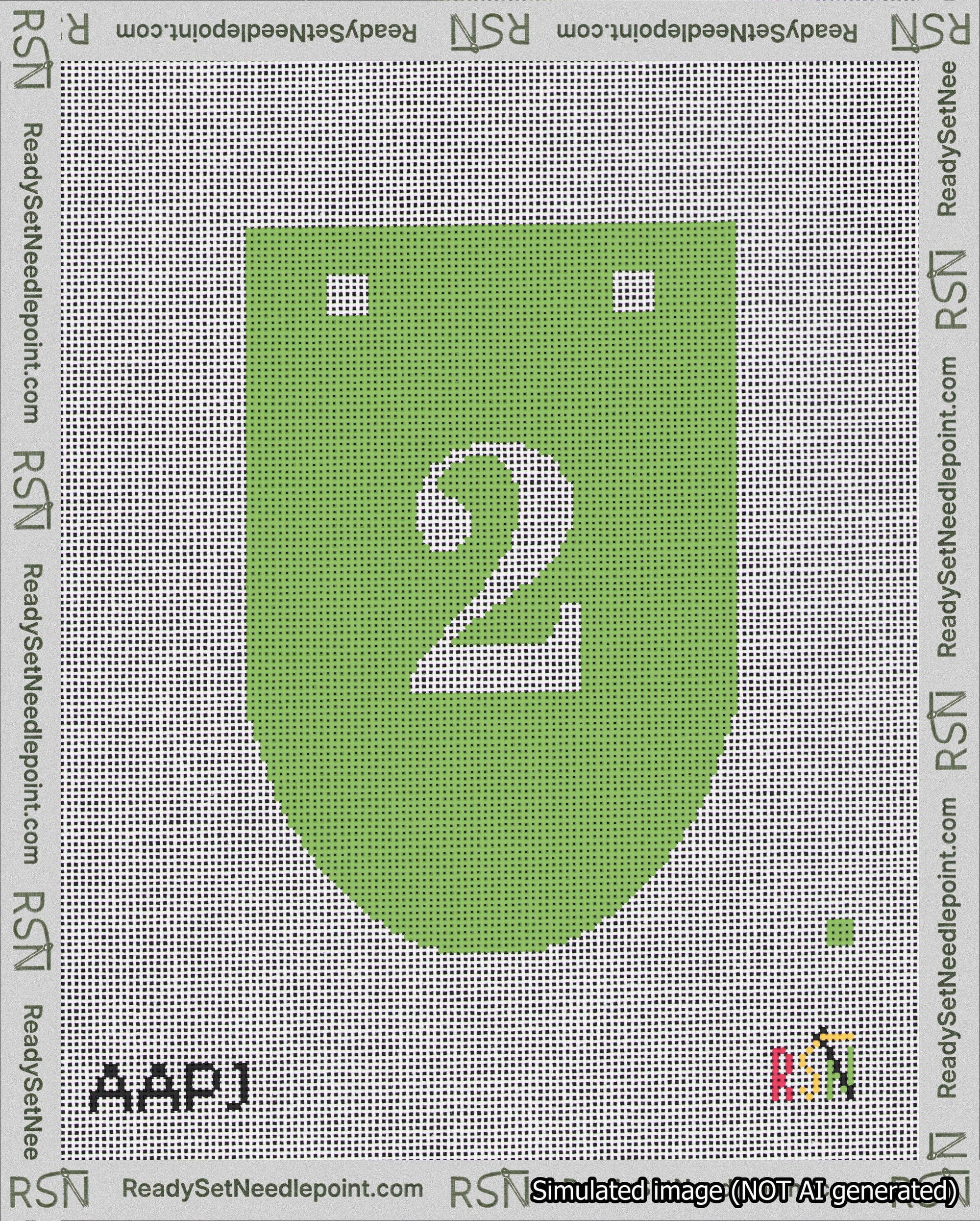 A taped needlepoint canvas with the design: Banner 18 mesh count Rounded 2 White on Light Green.
