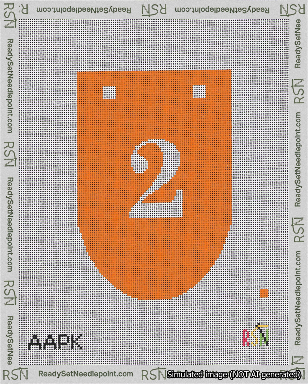 A taped needlepoint canvas with the design: Banner 18 mesh count Rounded 2 White on Orange.