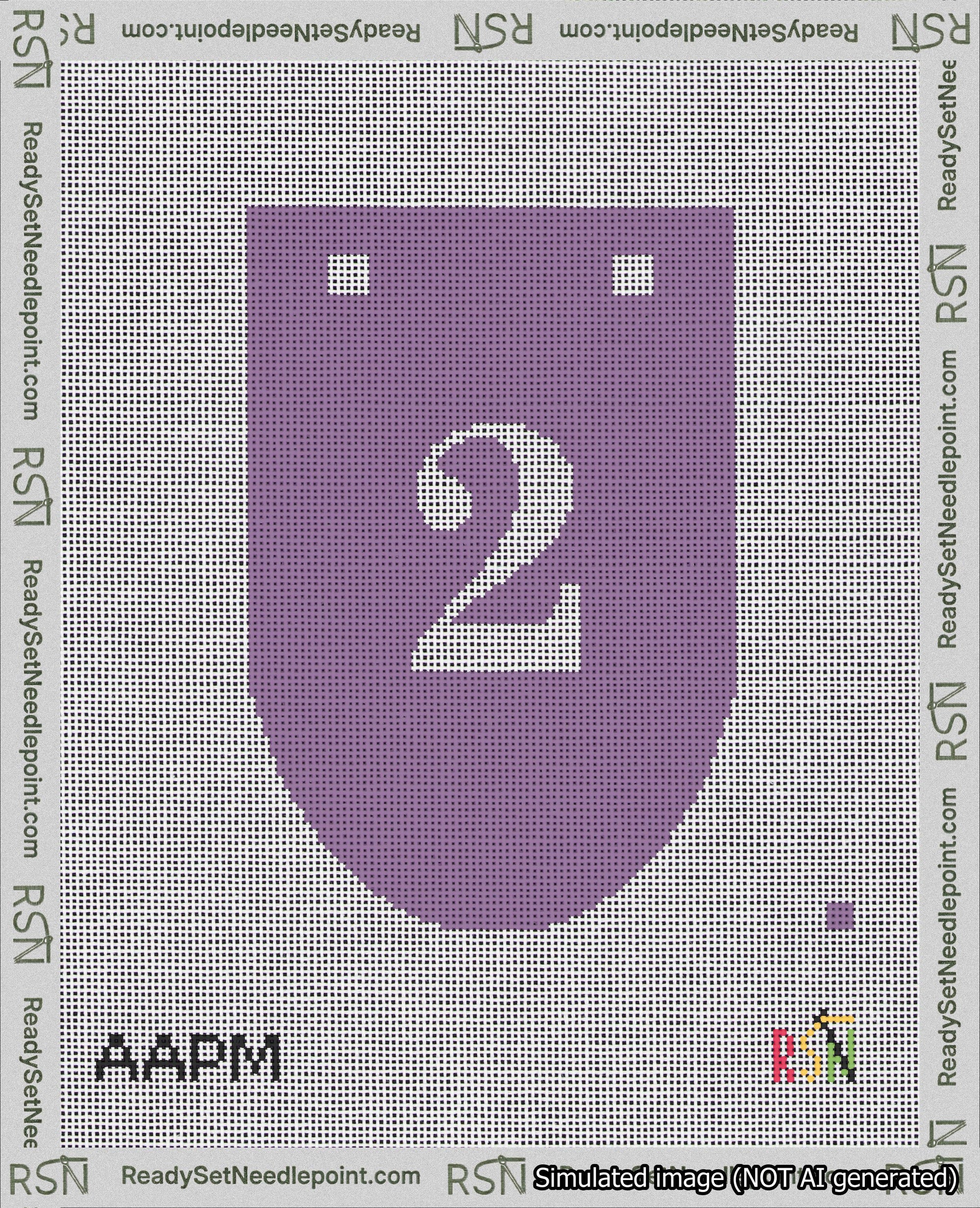 A taped needlepoint canvas with the design: Banner 18 mesh count Rounded 2 White on Purple.