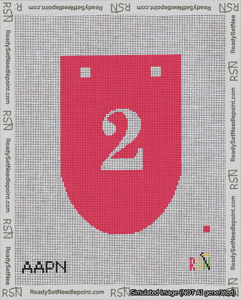 A taped needlepoint canvas with the design: Banner 18 mesh count Rounded 2 White on Red.