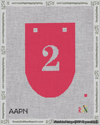 A taped needlepoint canvas with the design: Banner 18 mesh count Rounded 2 White on Red.