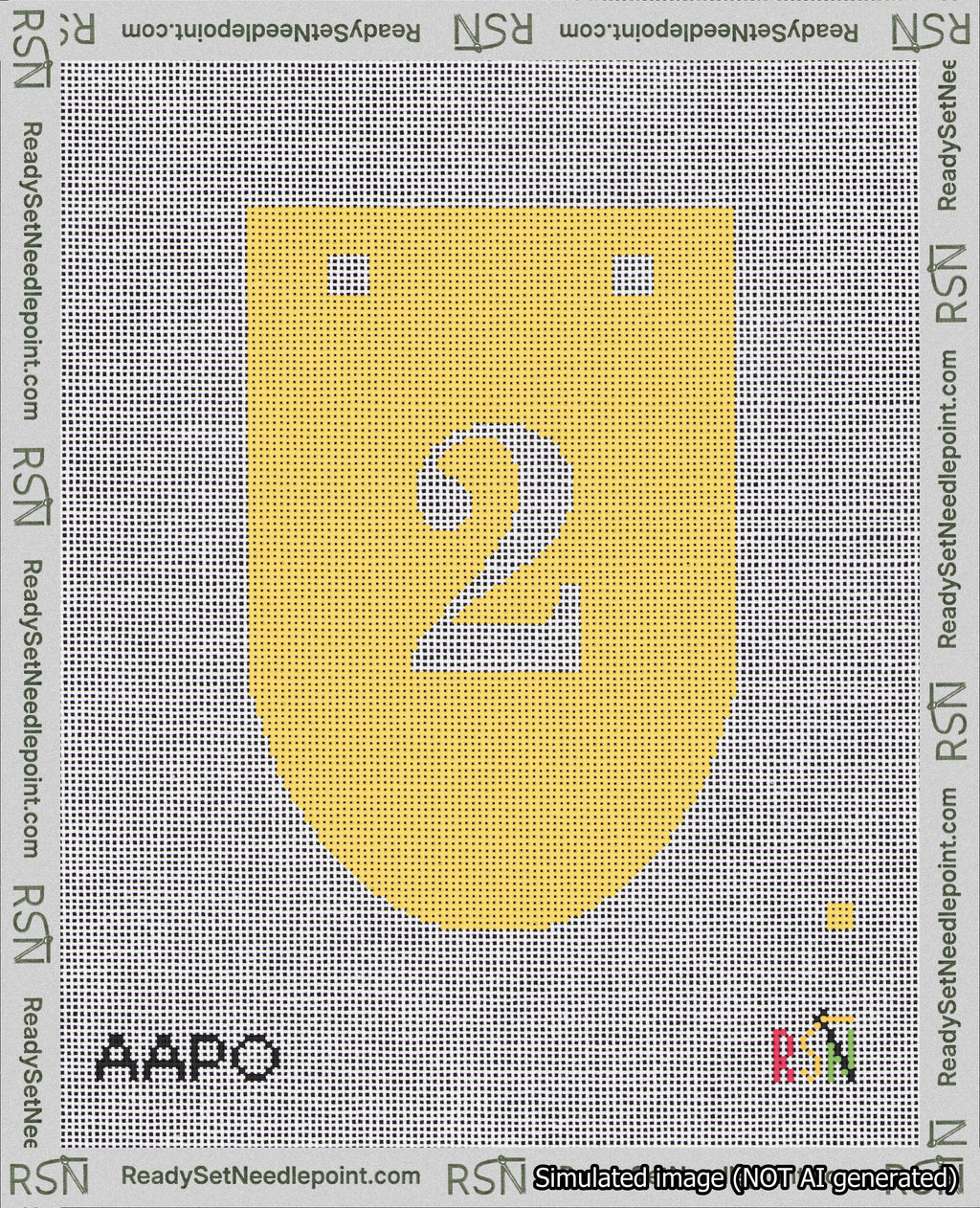 A taped needlepoint canvas with the design: Banner 18 mesh count Rounded 2 White on Yellow.