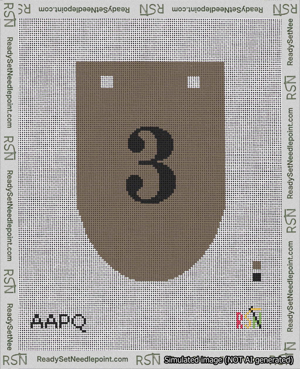 A taped needlepoint canvas with the design: Banner 18 mesh count Rounded 3 Black on Brown.