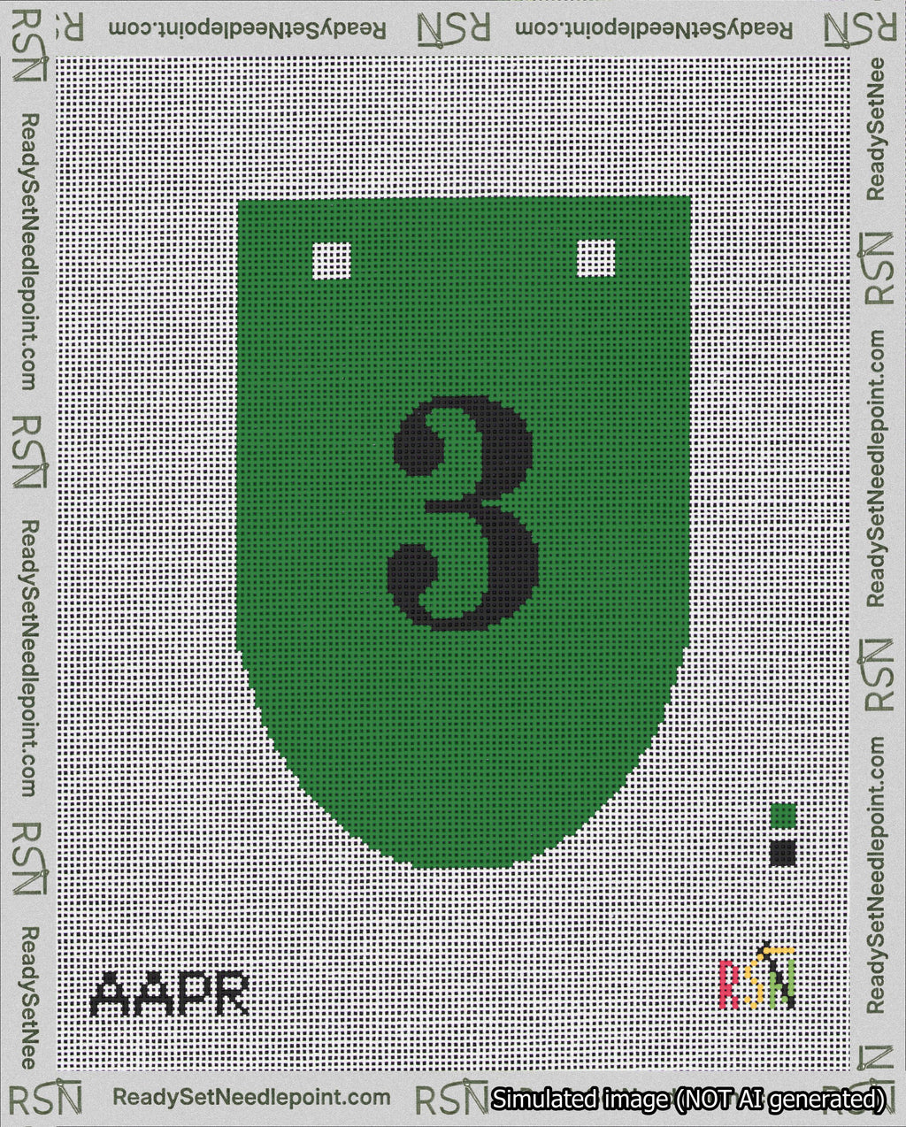 A taped needlepoint canvas with the design: Banner 18 mesh count Rounded 3 Black on Green.