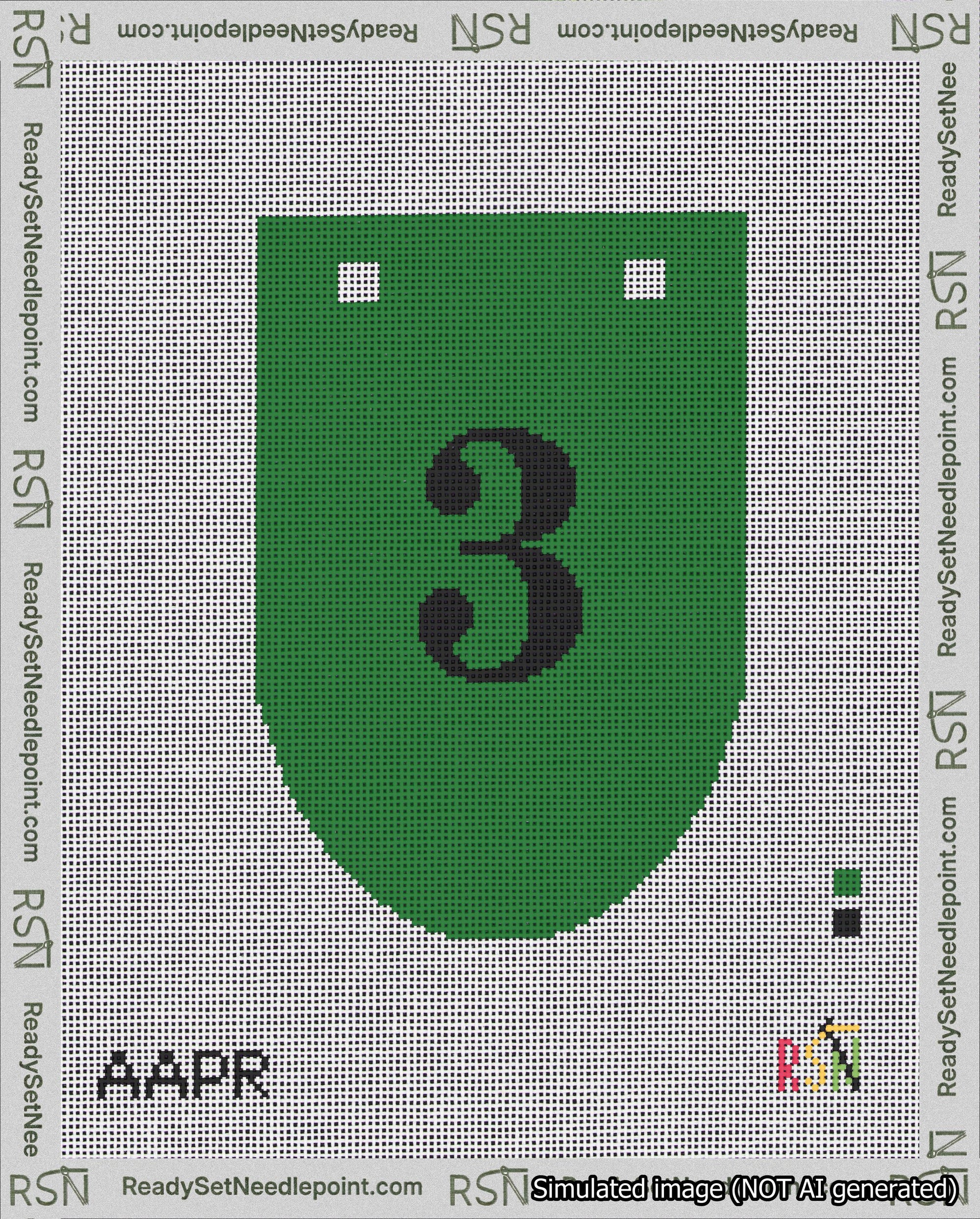 A taped needlepoint canvas with the design: Banner 18 mesh count Rounded 3 Black on Green.