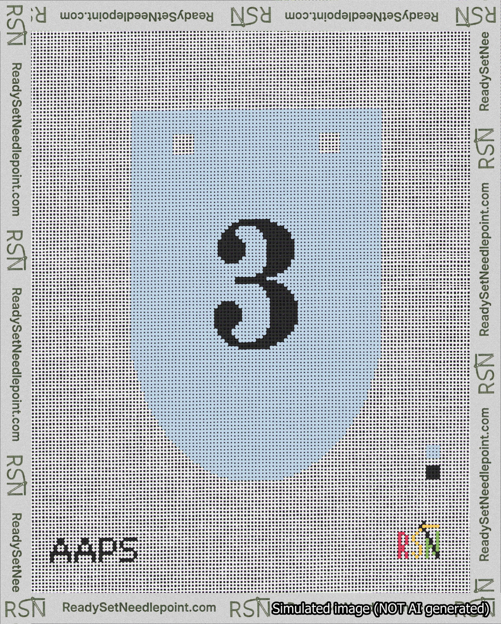 A taped needlepoint canvas with the design: Banner 18 mesh count Rounded 3 Black on Light Blue.