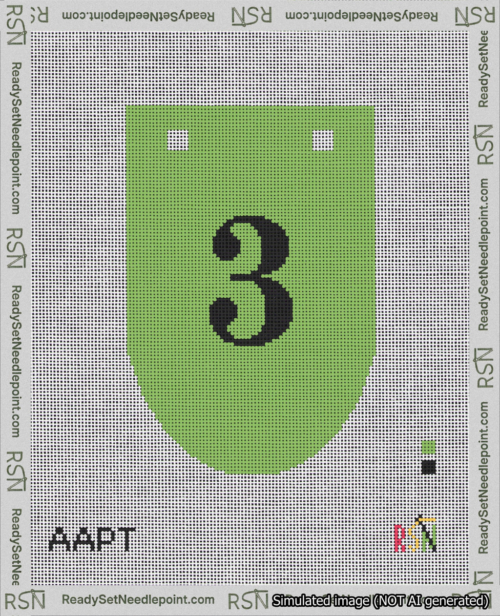 A taped needlepoint canvas with the design: Banner 18 mesh count Rounded 3 Black on Light Green.