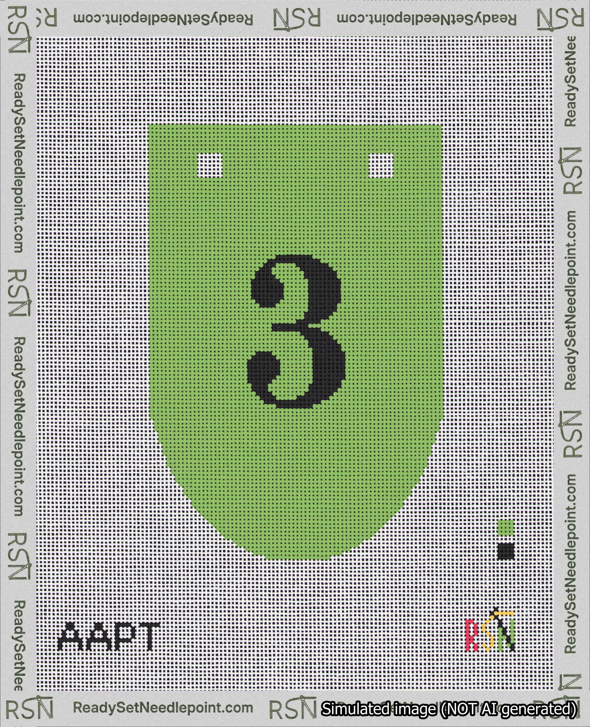 A taped needlepoint canvas with the design: Banner 18 mesh count Rounded 3 Black on Light Green.