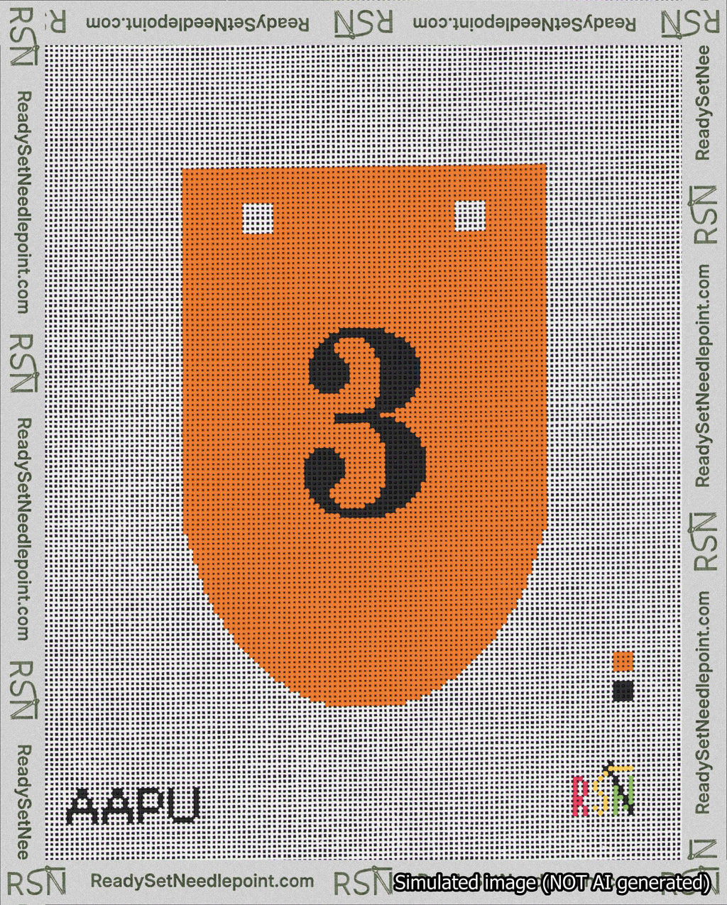 A taped needlepoint canvas with the design: Banner 18 mesh count Rounded 3 Black on Orange.