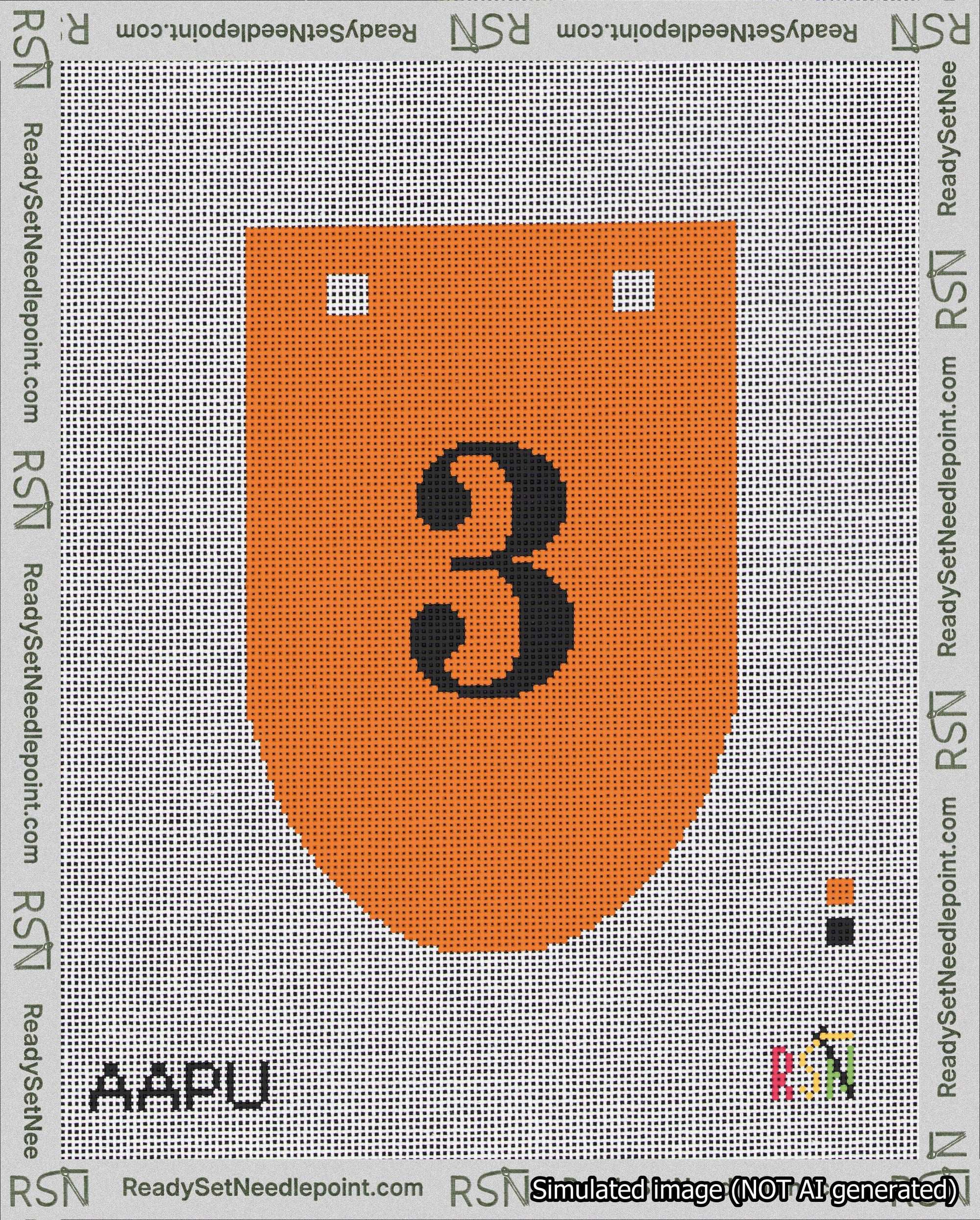 A taped needlepoint canvas with the design: Banner 18 mesh count Rounded 3 Black on Orange.