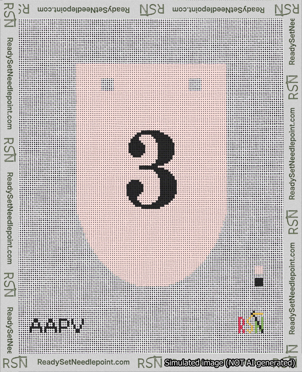 A taped needlepoint canvas with the design: Banner 18 mesh count Rounded 3 Black on Pink.