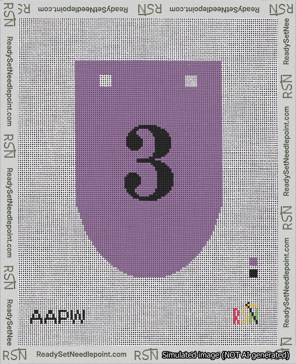 A taped needlepoint canvas with the design: Banner 18 mesh count Rounded 3 Black on Purple.
