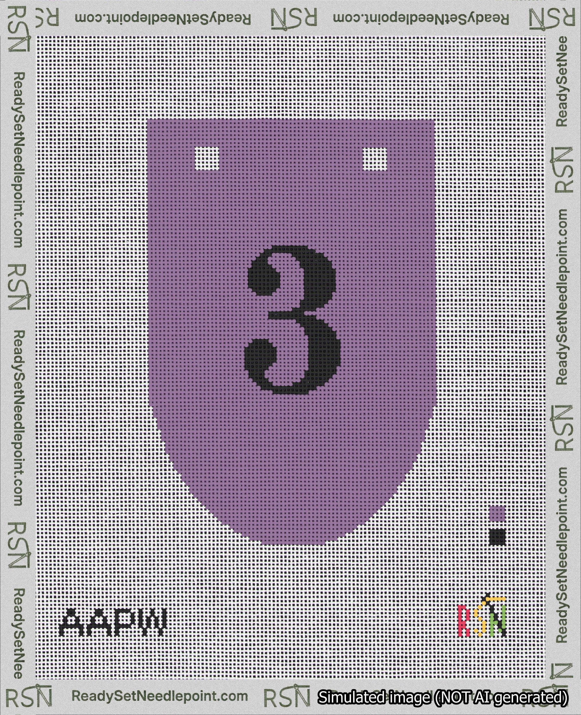 A taped needlepoint canvas with the design: Banner 18 mesh count Rounded 3 Black on Purple.