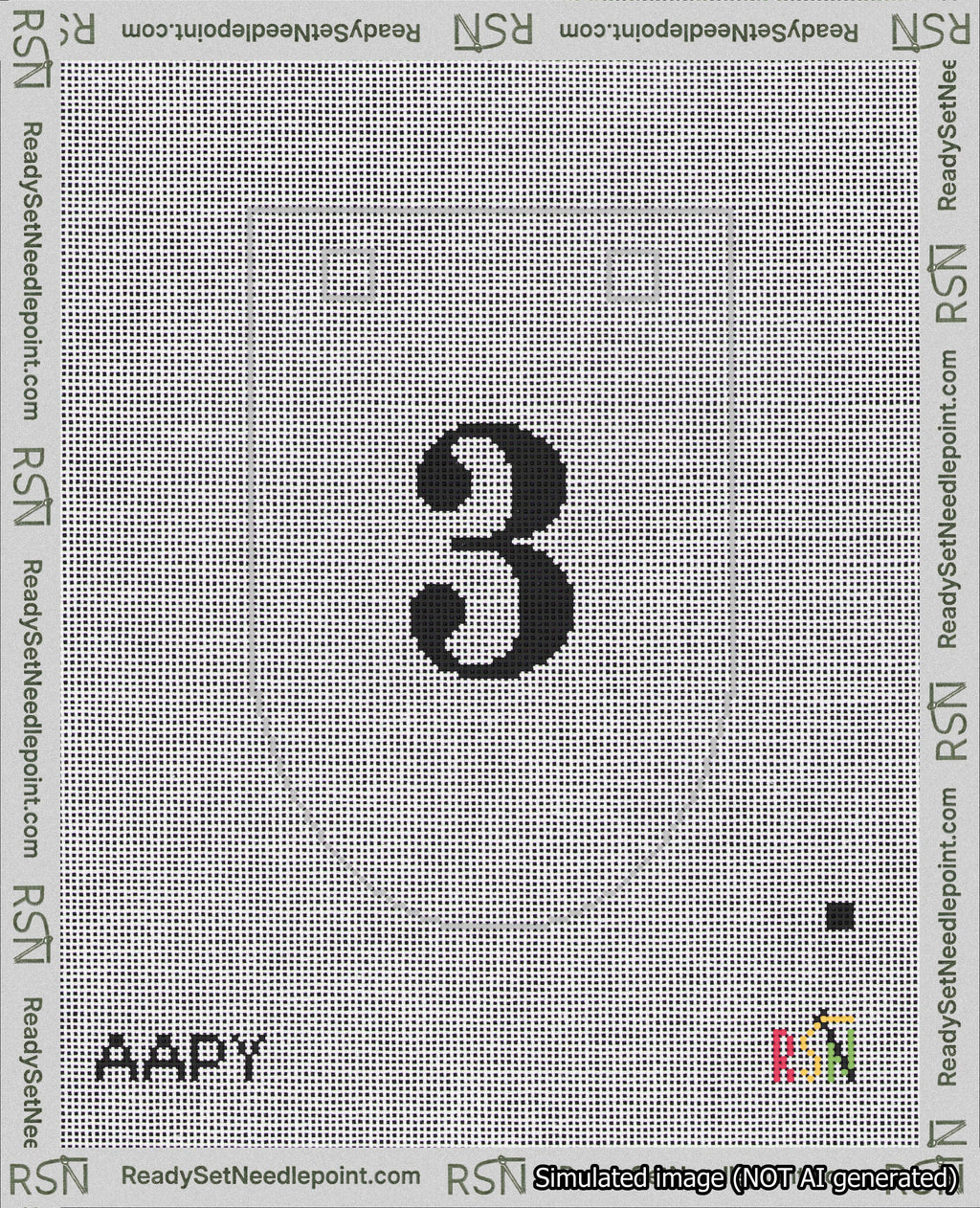A taped needlepoint canvas with the design: Banner 18 mesh count Rounded 3 Black on White.