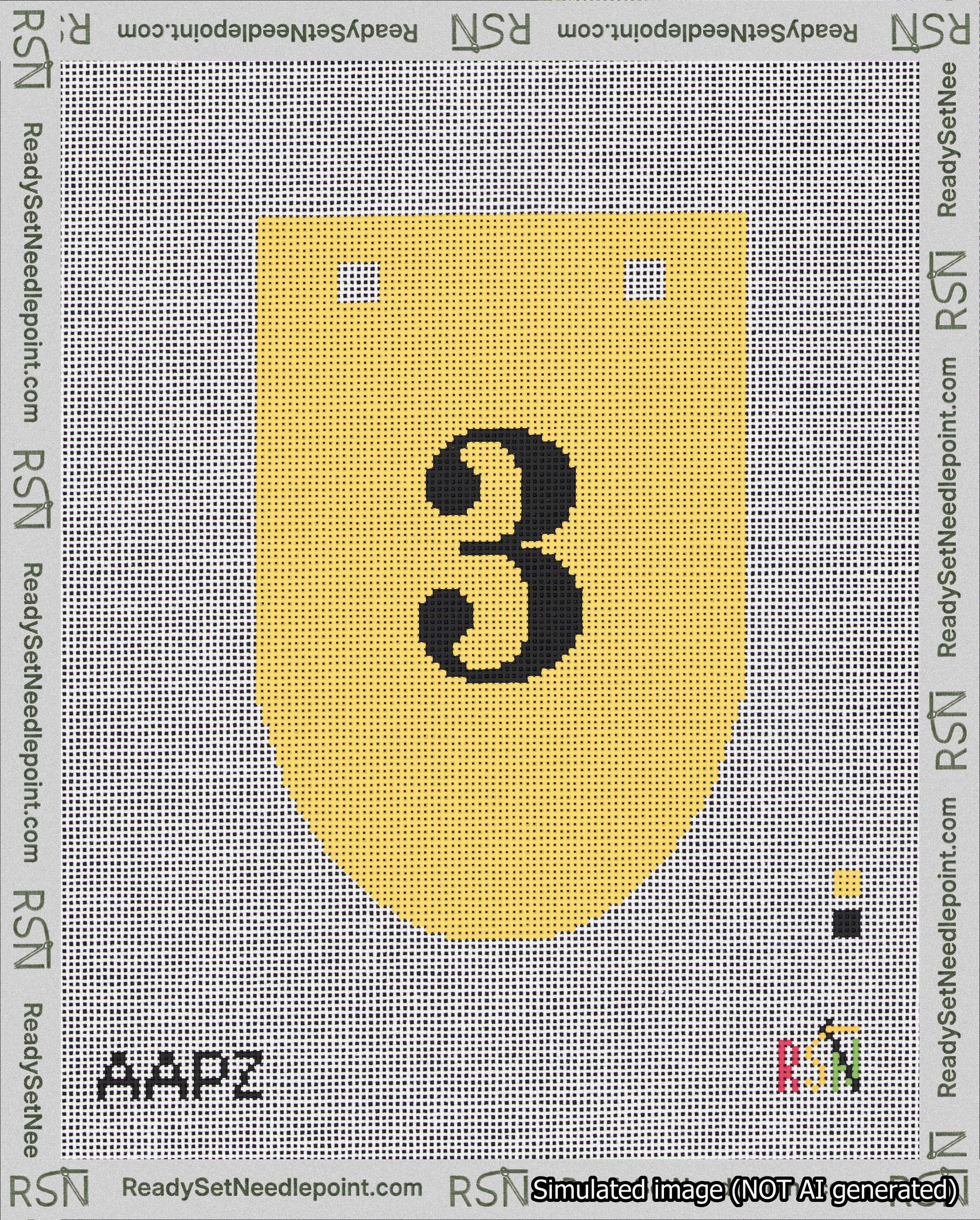A taped needlepoint canvas with the design: Banner 18 mesh count Rounded 3 Black on Yellow.