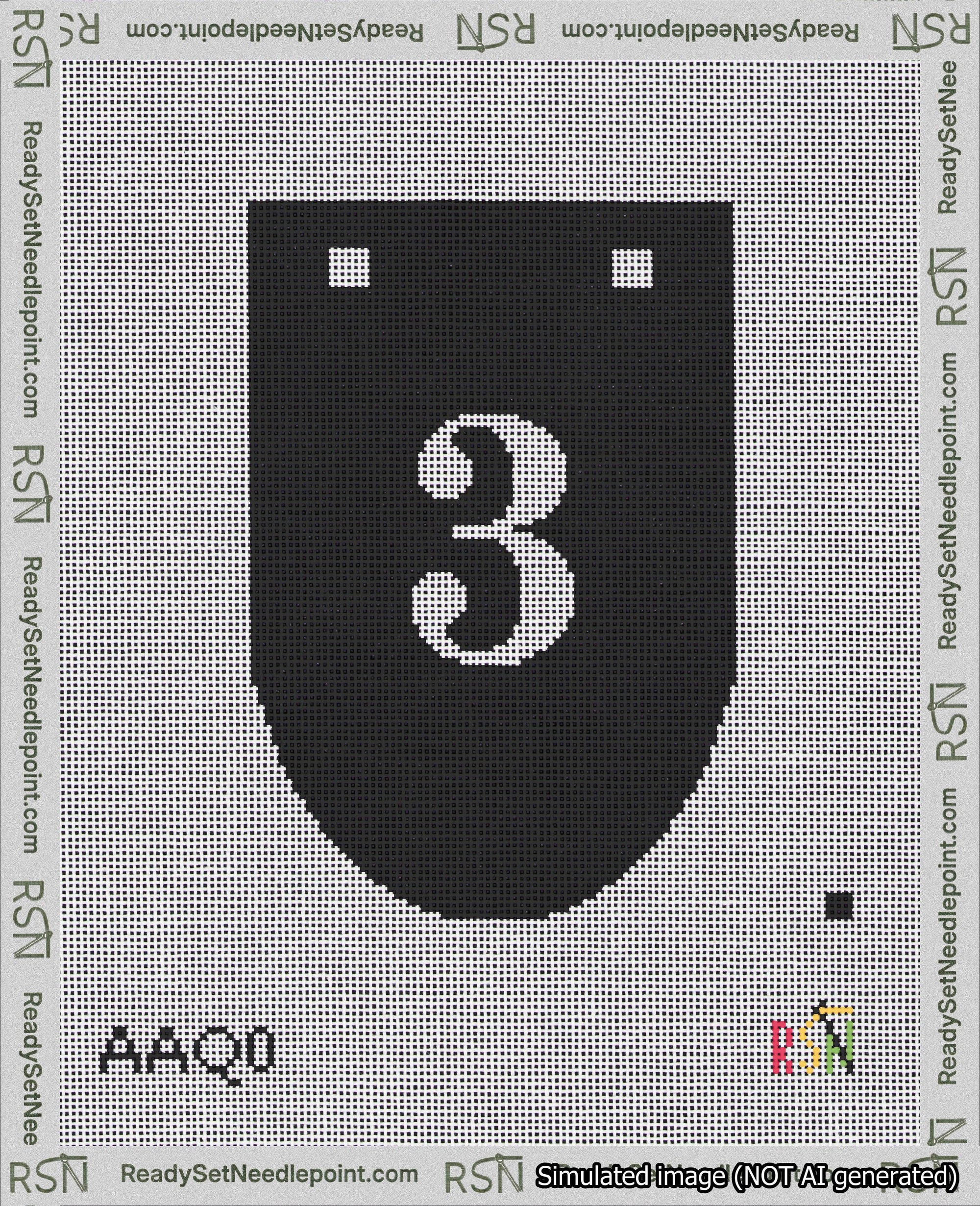 A taped needlepoint canvas with the design: Banner 18 mesh count Rounded 3 White on Black.