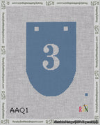 A taped needlepoint canvas with the design: Banner 18 mesh count Rounded 3 White on Blue.