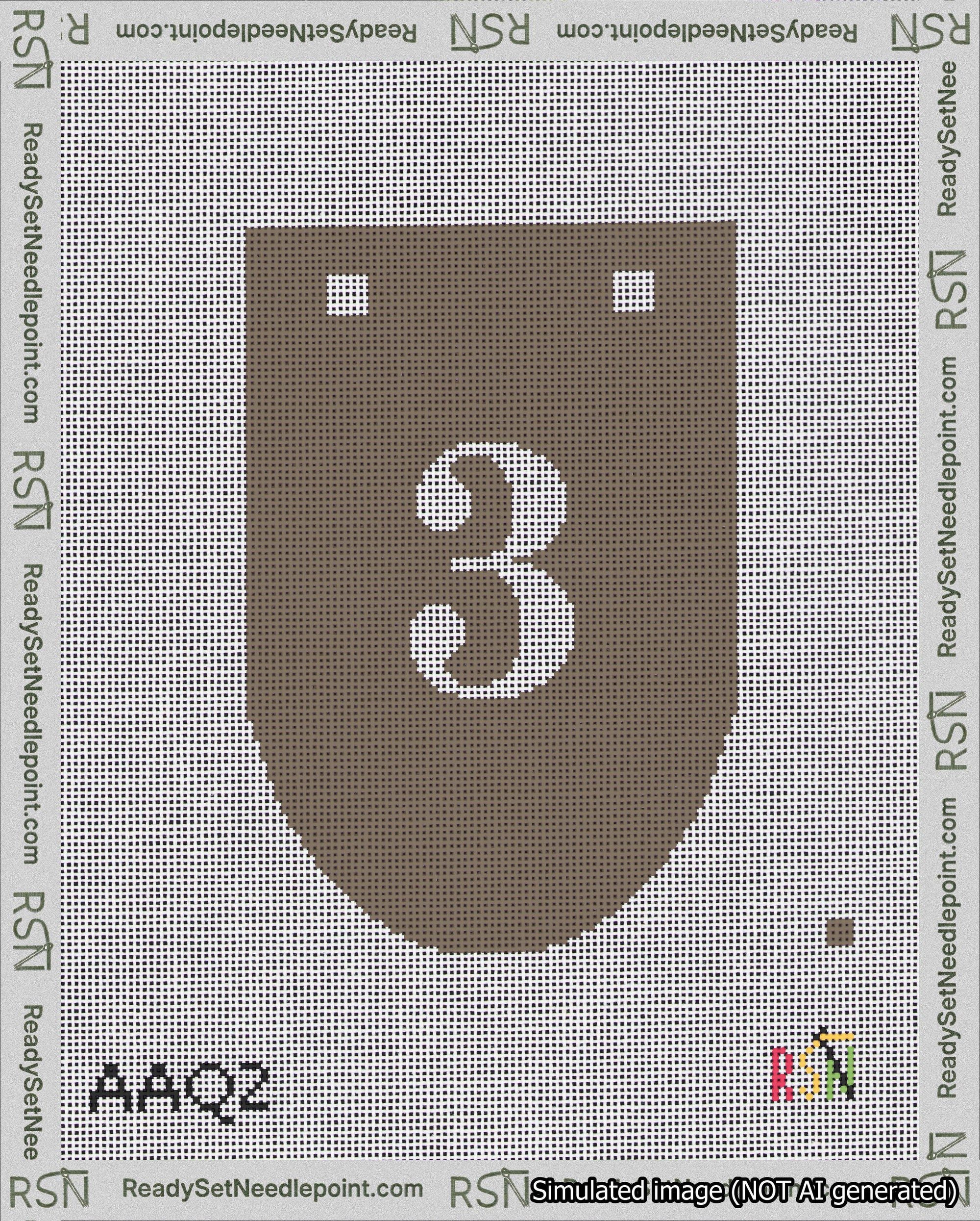 A taped needlepoint canvas with the design: Banner 18 mesh count Rounded 3 White on Brown.