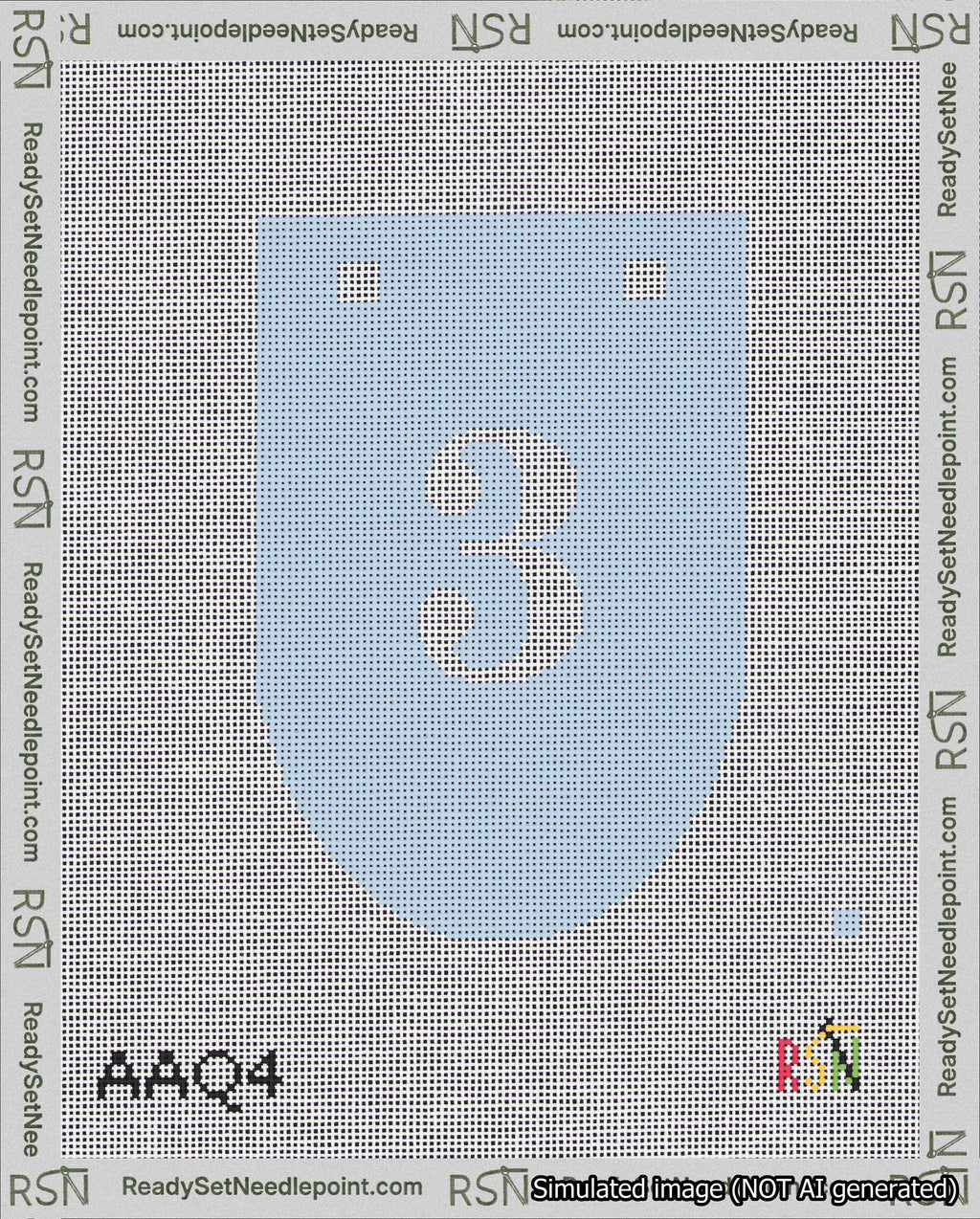 A taped needlepoint canvas with the design: Banner 18 mesh count Rounded 3 White on Light Blue.