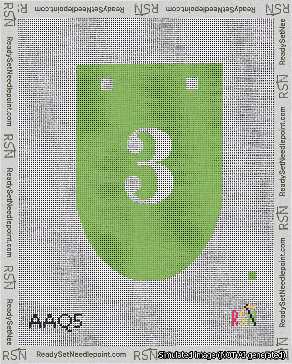 A taped needlepoint canvas with the design: Banner 18 mesh count Rounded 3 White on Light Green.