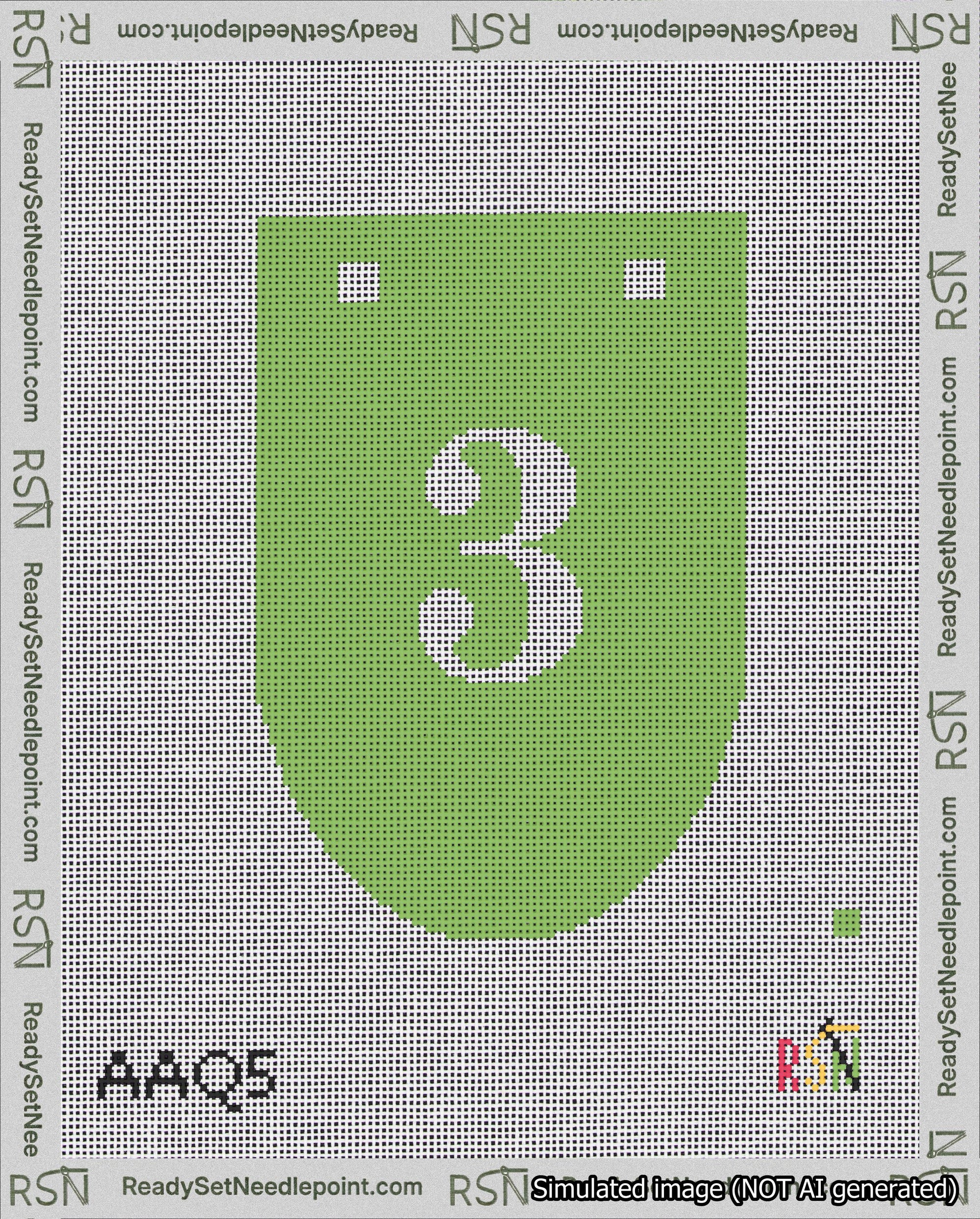 A taped needlepoint canvas with the design: Banner 18 mesh count Rounded 3 White on Light Green.