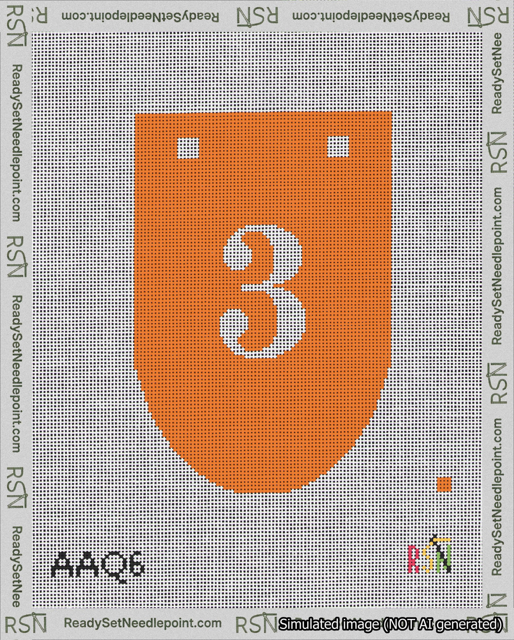 A taped needlepoint canvas with the design: Banner 18 mesh count Rounded 3 White on Orange.