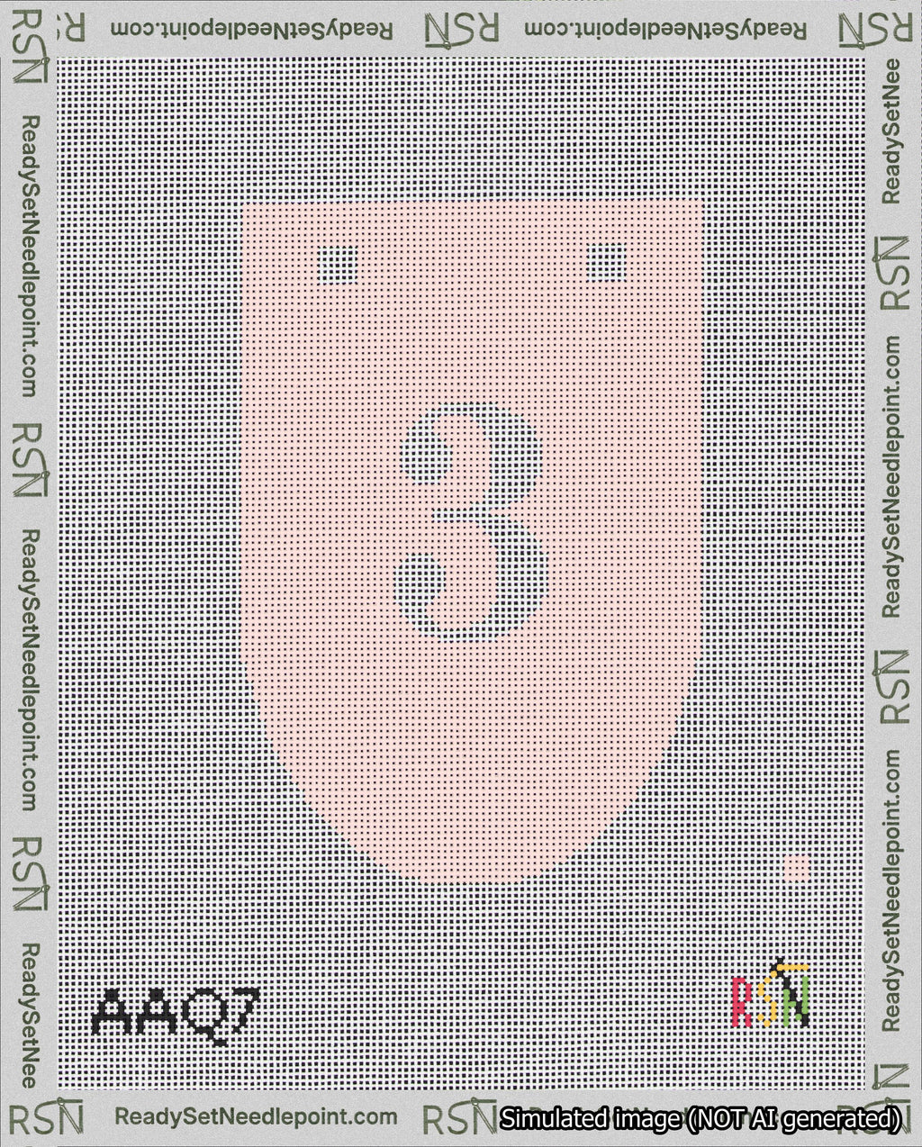 A taped needlepoint canvas with the design: Banner 18 mesh count Rounded 3 White on Pink.